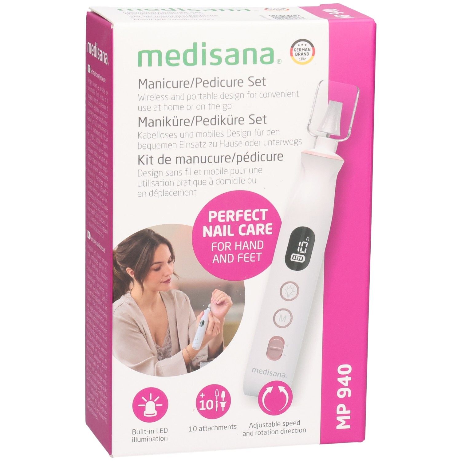 Set manucure/pédicure Medisana. Boîte rose et blanche. Produit et femme sur le devant. MP 940. 10 accessoires, éclairage LED.