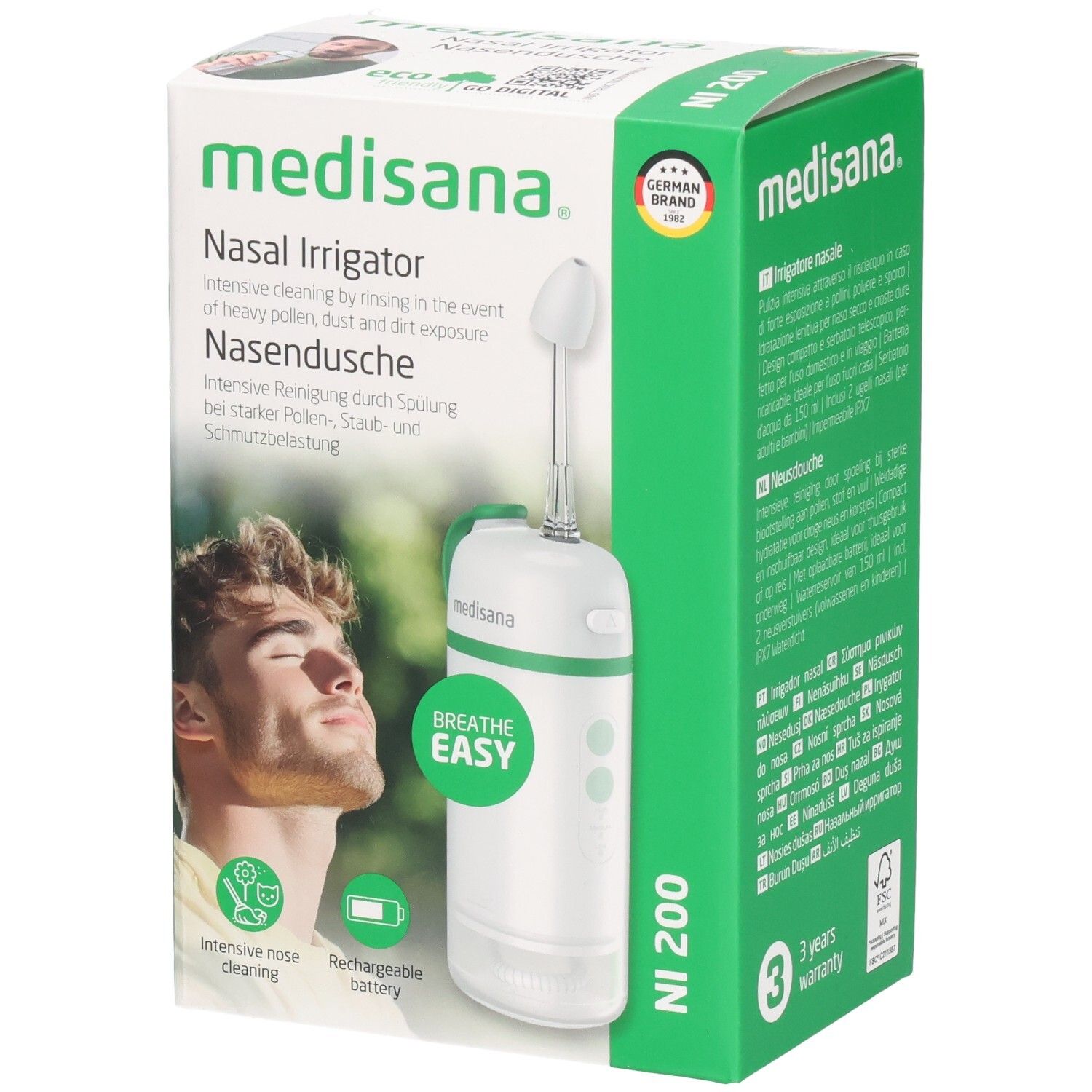Emballage du lave-nez. Appareil blanc avec accents verts. Marque : medisana. Inscription : NI 200. Avec certification.