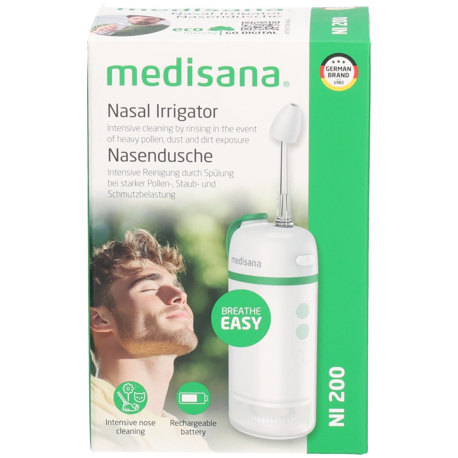 Emballage du lave-nez. Appareil blanc avec accents verts. Marque : medisana. Inscription : NI 200. Avec certification.