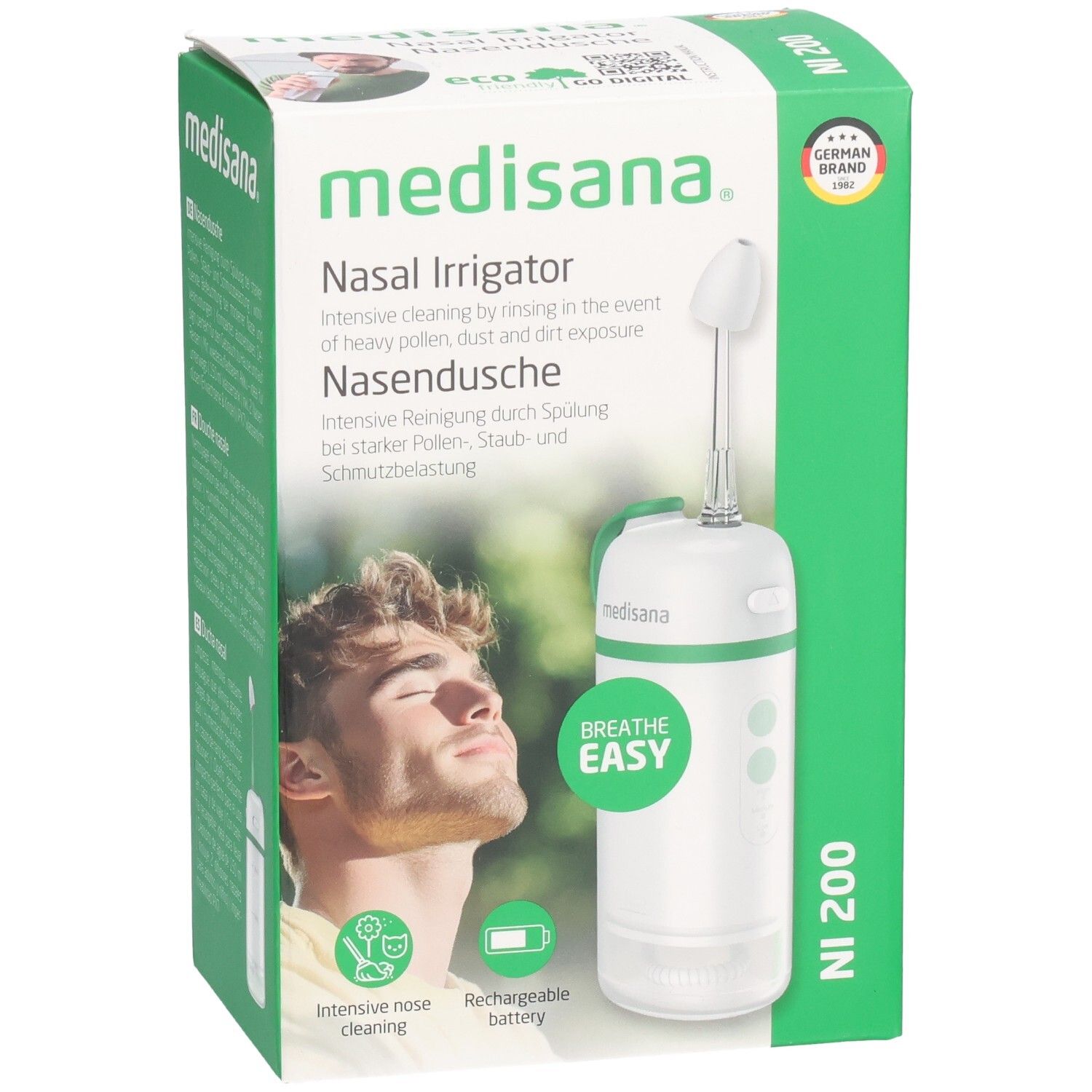 Emballage du lave-nez. Appareil blanc avec accents verts. Marque : medisana. Inscription : NI 200. Avec certification.