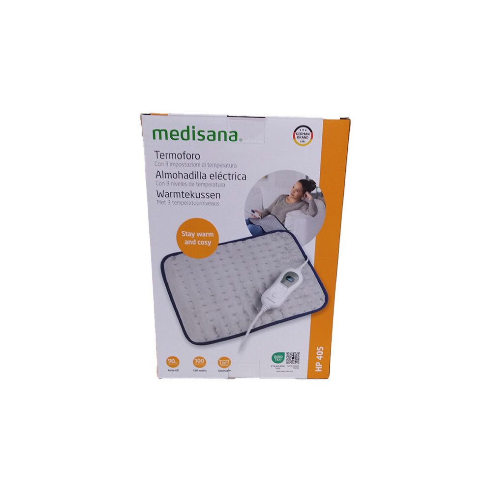 Emballage du produit avec coussin chauffant. Inscriptions : medisana, Termoforo, Almohadilla eléctrica, Warmtekussen. Image du produit.