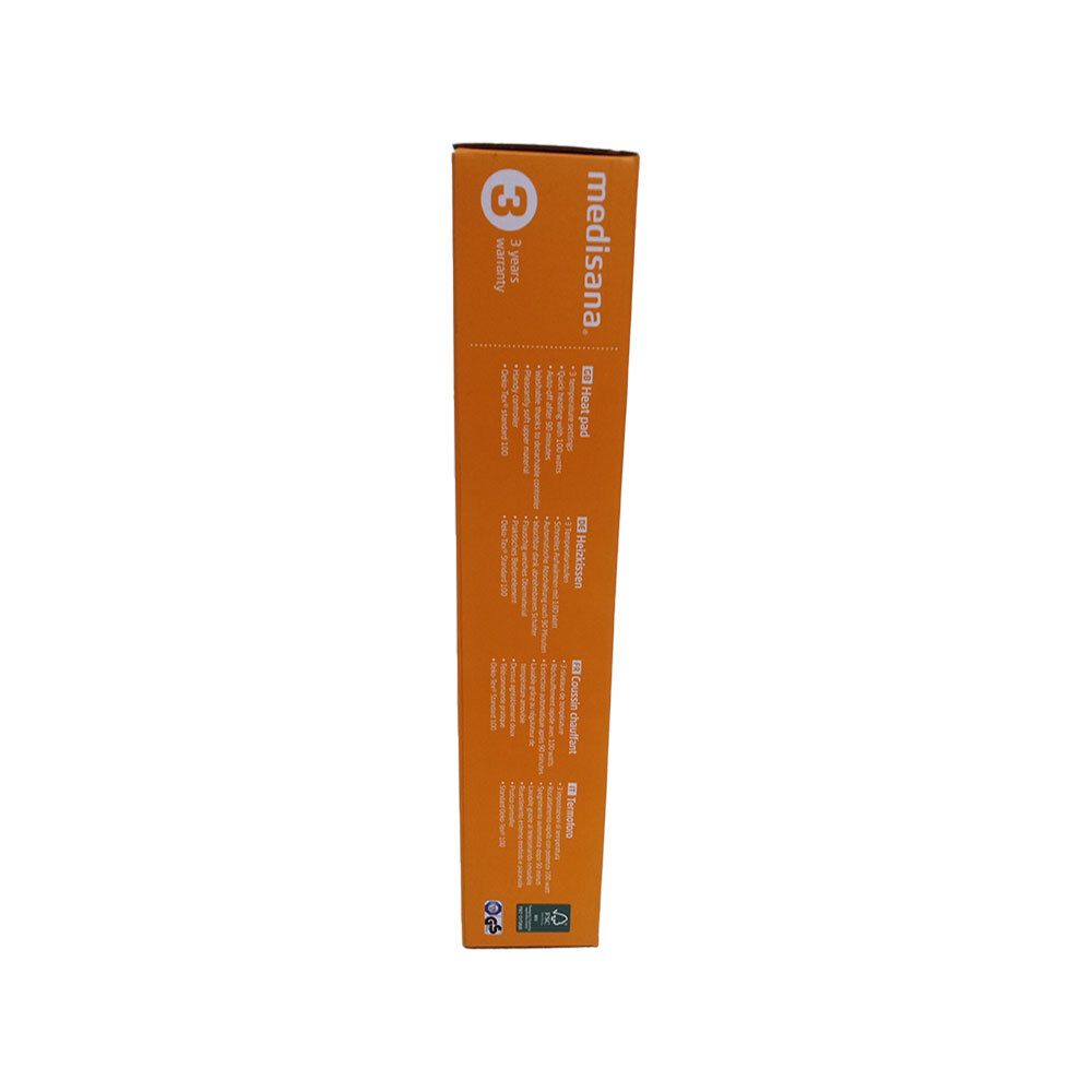 Emballage du produit, orange. Inscription : medisana. Garantie 3 ans. Texte en plusieurs langues.