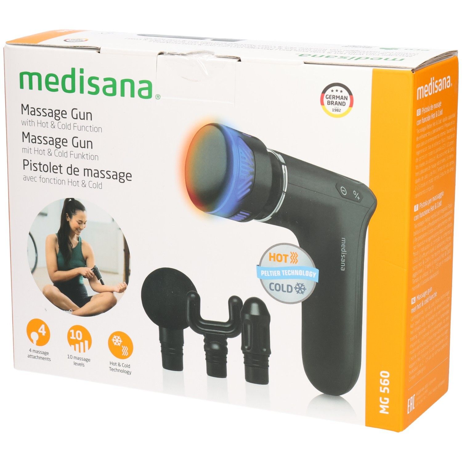 Emballage du pistolet de massage MG 560 de medisana. Contient pistolet, 3 embouts et accessoires. Fonction chaud et froid.