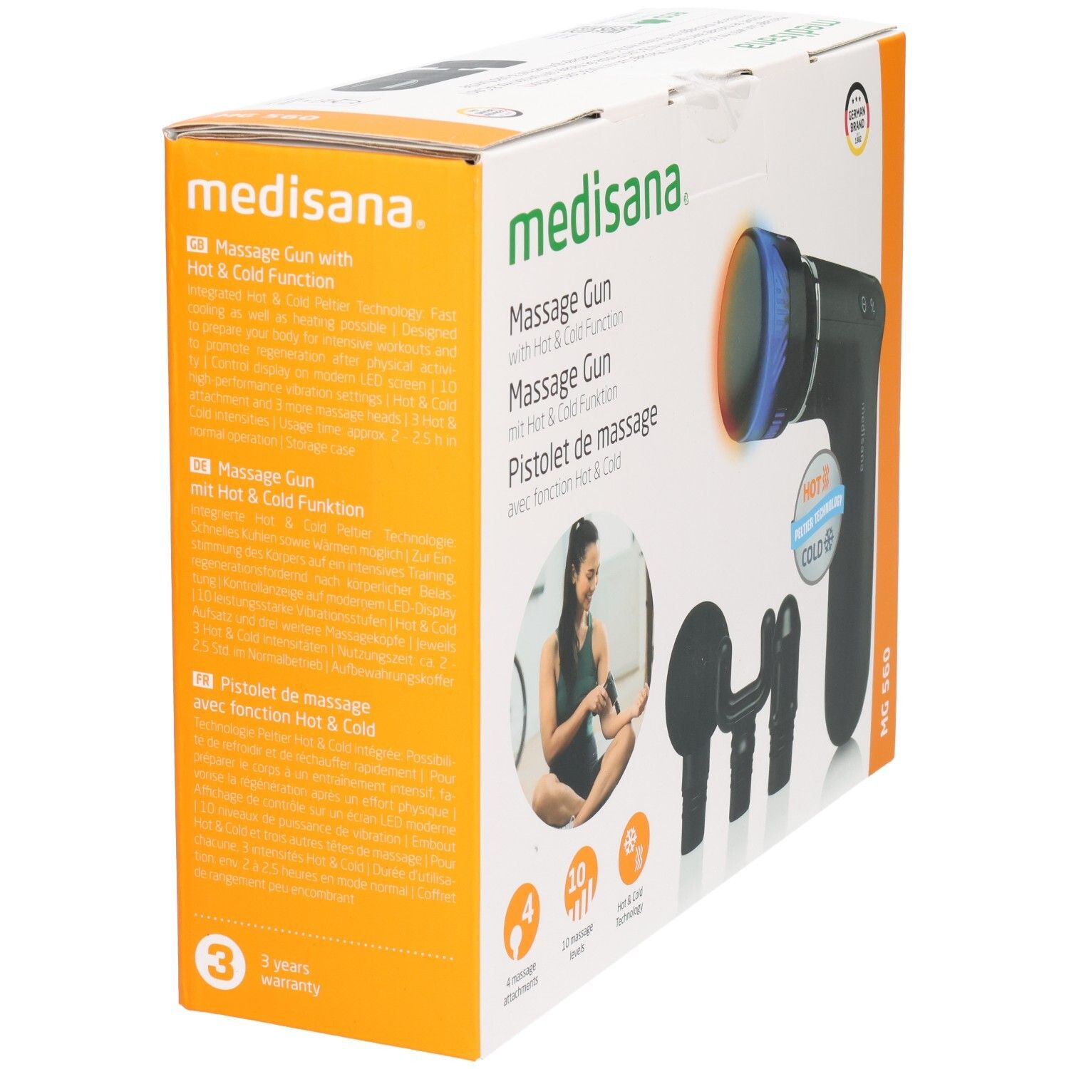 Emballage du pistolet de massage MG 560 de medisana. Vue latérale avec informations produit et garantie 3 ans.