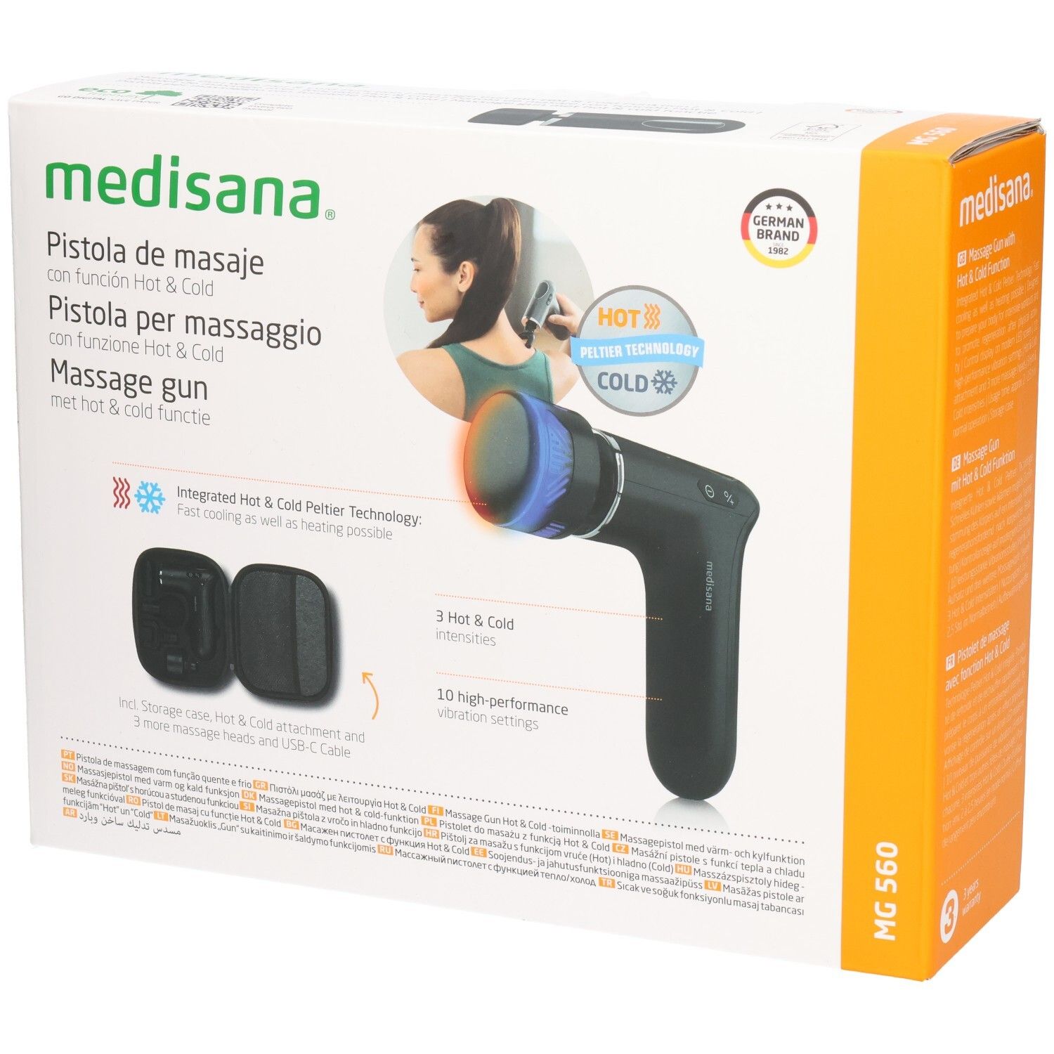 Emballage du pistolet de massage MG 560 de medisana. Contient pistolet, 3 embouts et accessoires. Fonction chaud et froid.