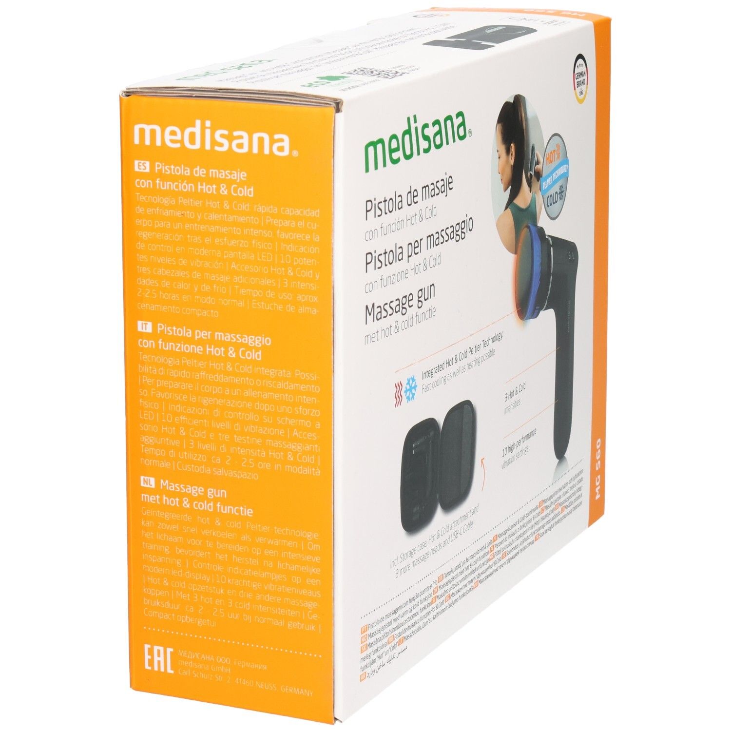 Emballage du pistolet de massage MG 560 de medisana. Vue latérale avec informations produit et garantie 3 ans.