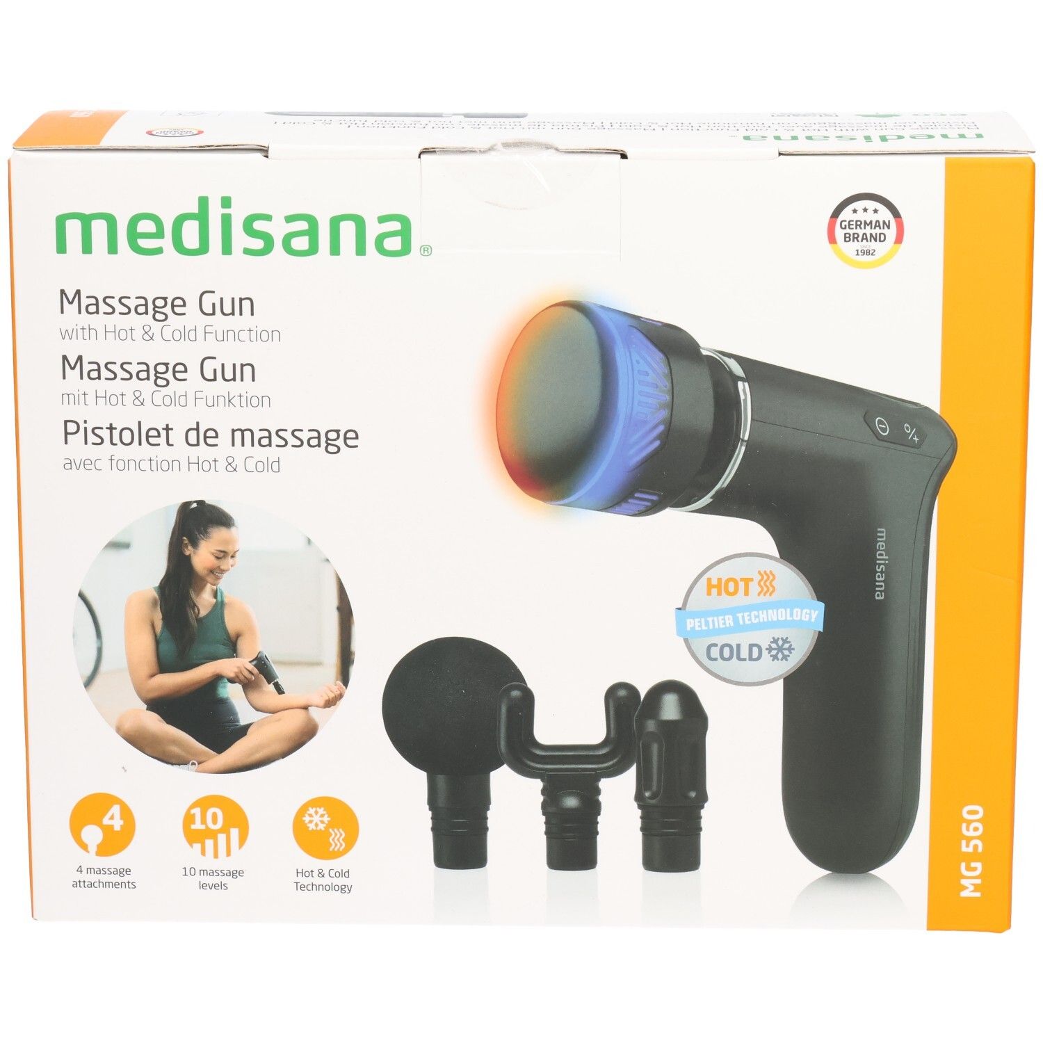 Emballage du pistolet de massage MG 560 de medisana. Contient pistolet, 3 embouts et accessoires. Fonction chaud et froid.