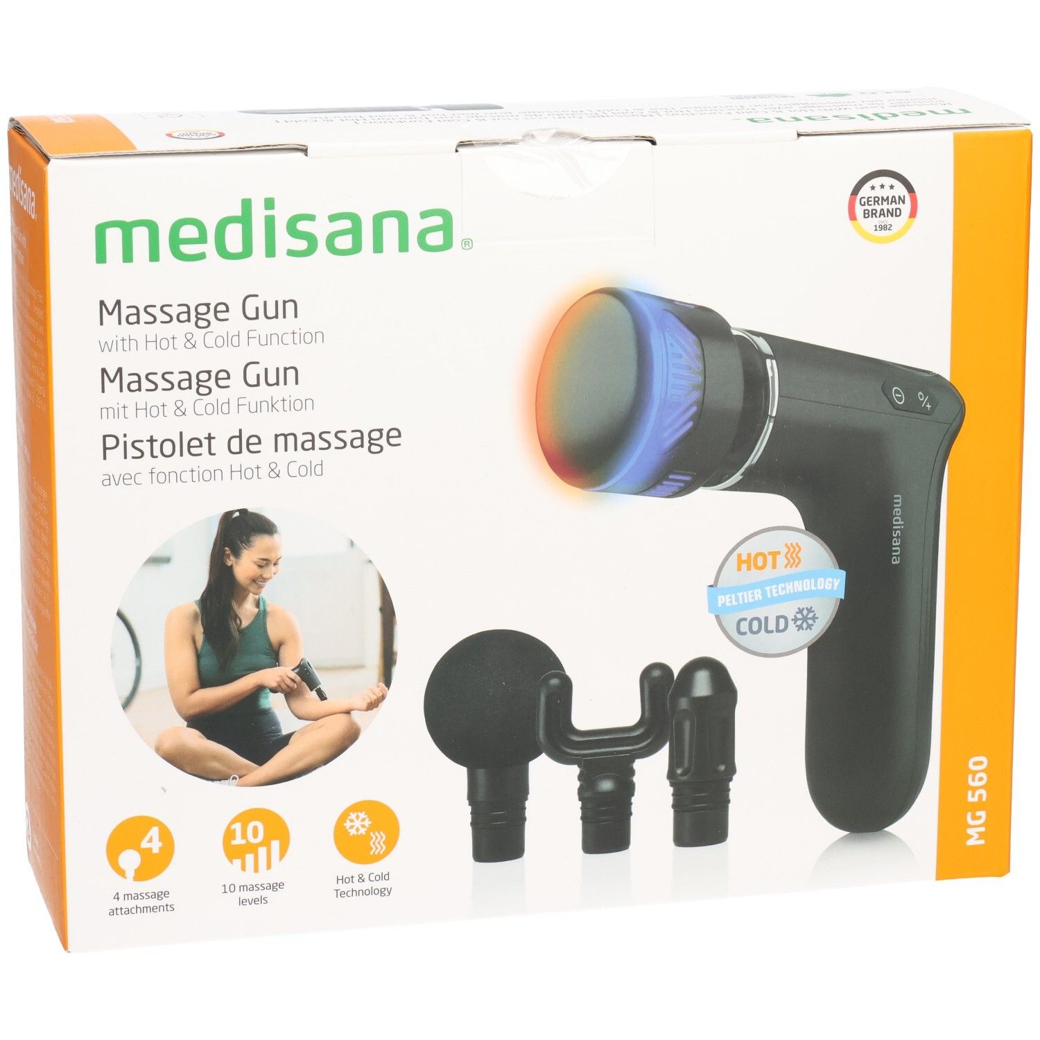 Emballage du pistolet de massage MG 560 de medisana. Contient pistolet, 3 embouts et accessoires. Fonction chaud et froid.