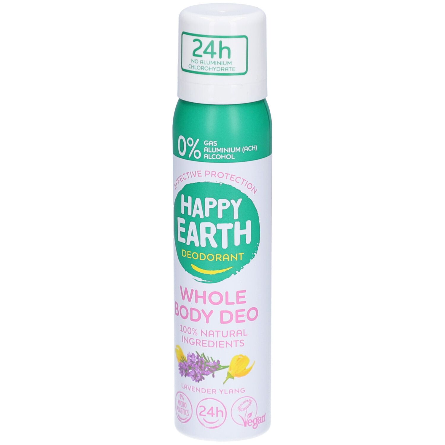 Spray déodorant Happy Earth, flacon blanc et vert. Inscription: Happy Earth, Déodorant, Whole Body Deo, 100% ingrédients naturels. Lavande Ylang.