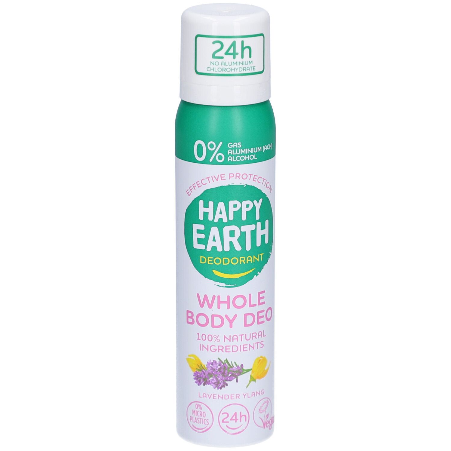 Spray déodorant Happy Earth, flacon blanc et vert. Inscription: Happy Earth, Déodorant, Whole Body Deo, 100% ingrédients naturels. Lavande Ylang.