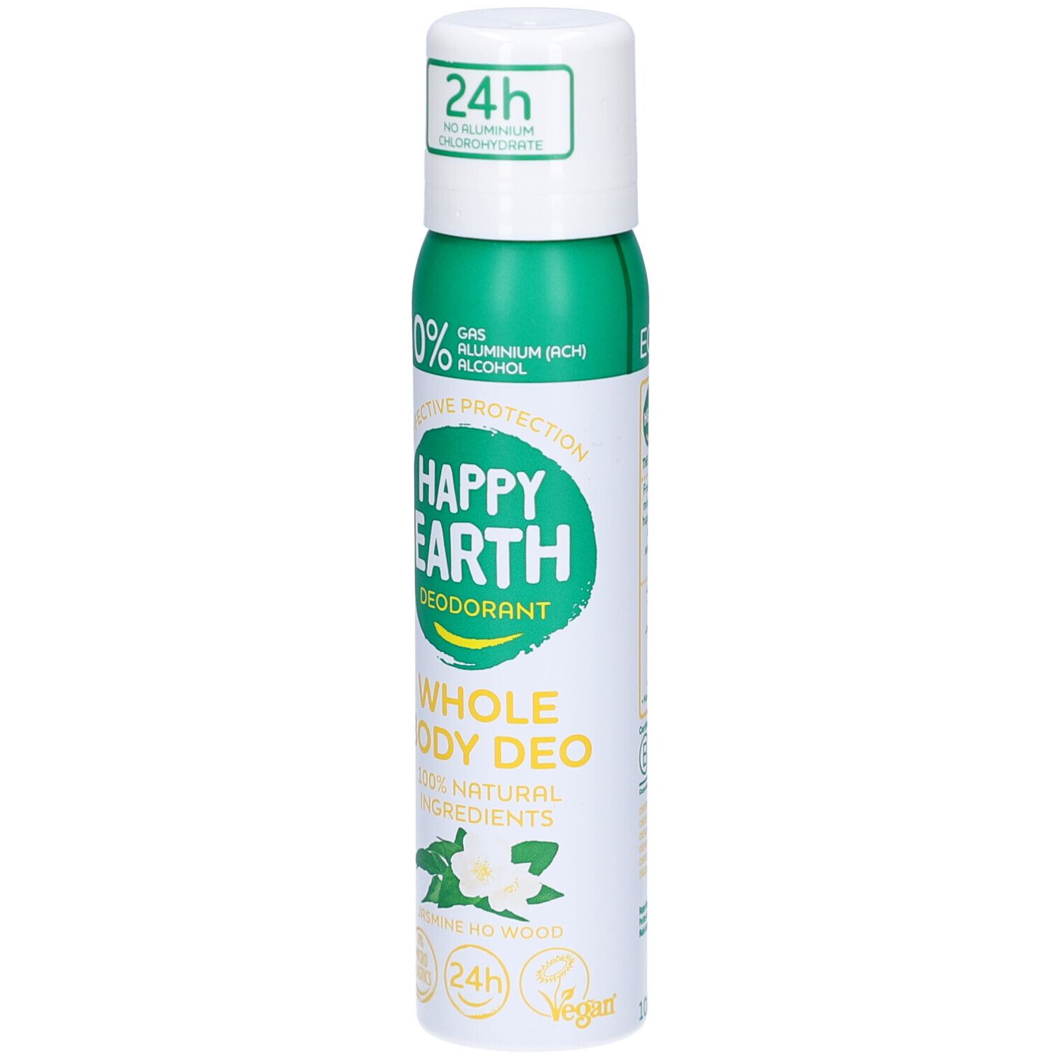 Spray déodorant Happy Earth. Bouteille blanche et verte avec nom du produit et ingrédients. Protection 24h.