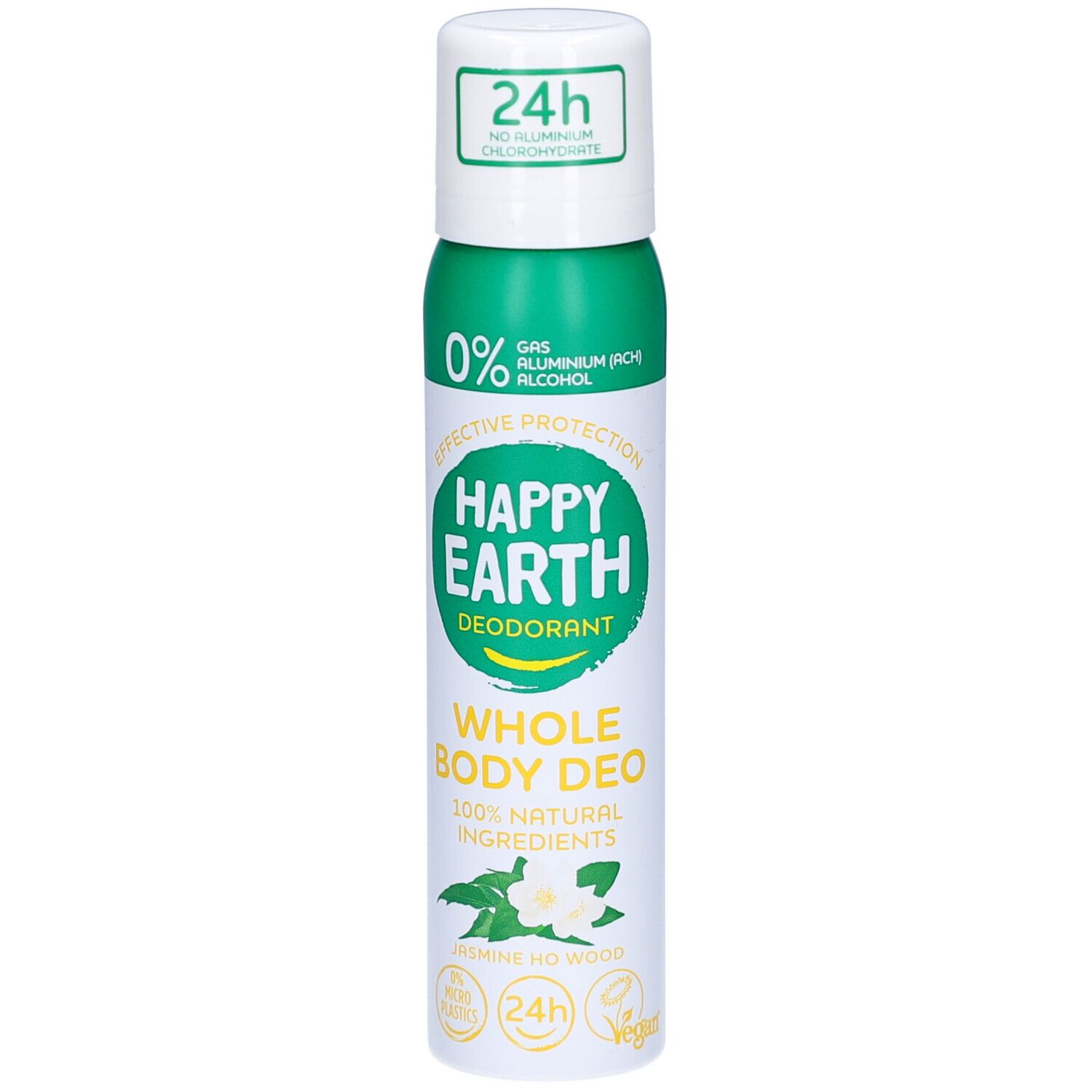 Spray déodorant Happy Earth. Bouteille blanche et verte avec nom du produit et ingrédients. Protection 24h.