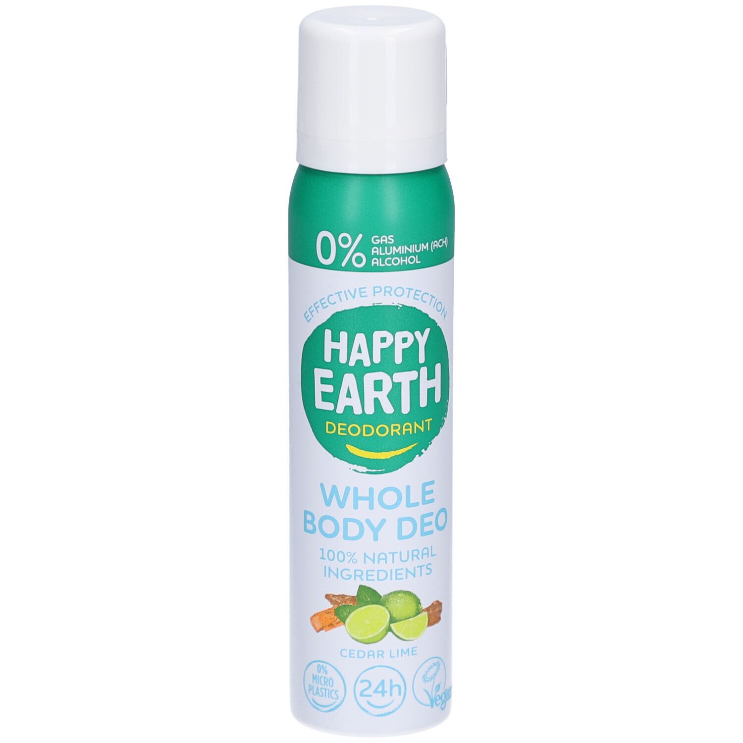 Déodorant en spray avec bouchon blanc. Inscription: Happy Earth, Whole Body Deo, 100% ingrédients naturels, cèdre-citron vert. 0% aluminium.