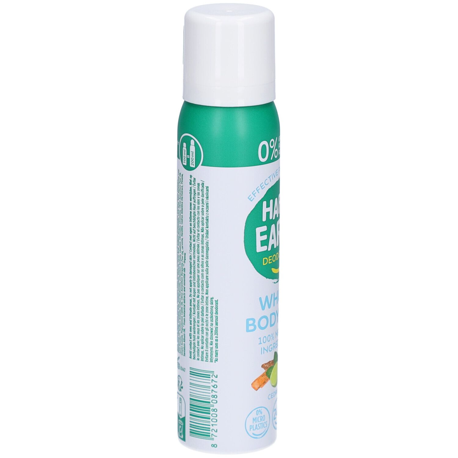 Vue latérale du déodorant en spray. Texte: 0% aluminium, Happy Earth, Whole Body Deo, 100% ingrédients naturels. Ingrédients et certifications.