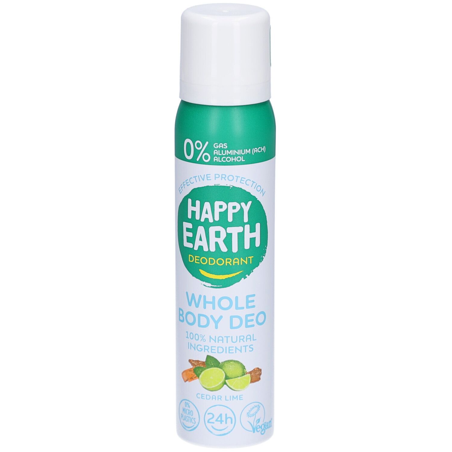 Déodorant en spray avec bouchon blanc. Inscription: Happy Earth, Whole Body Deo, 100% ingrédients naturels, cèdre-citron vert. 0% aluminium.