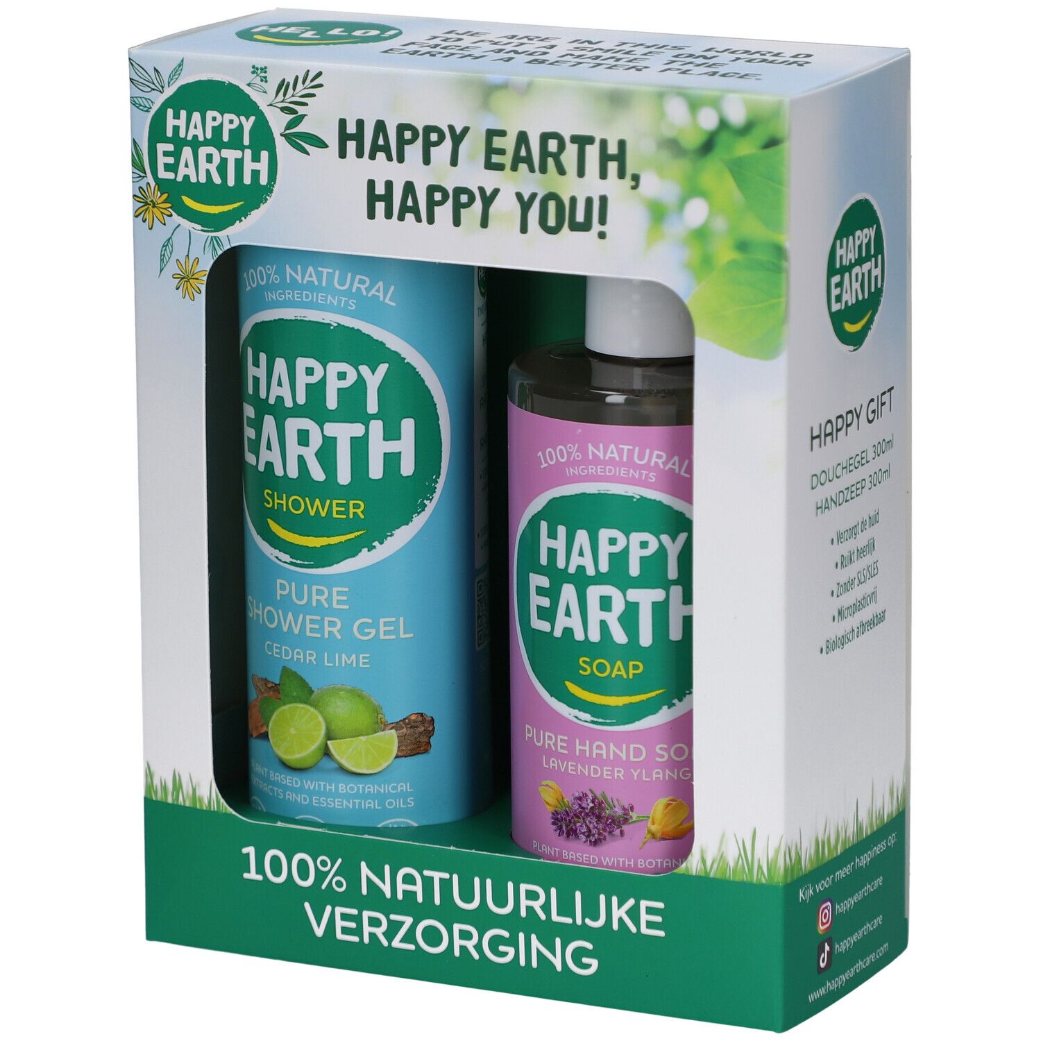 Coffret cadeau avec gel douche et savon pour les mains. Bouteilles bleues et roses dans une boîte blanche. Inscription: Happy Earth, 100% naturel.