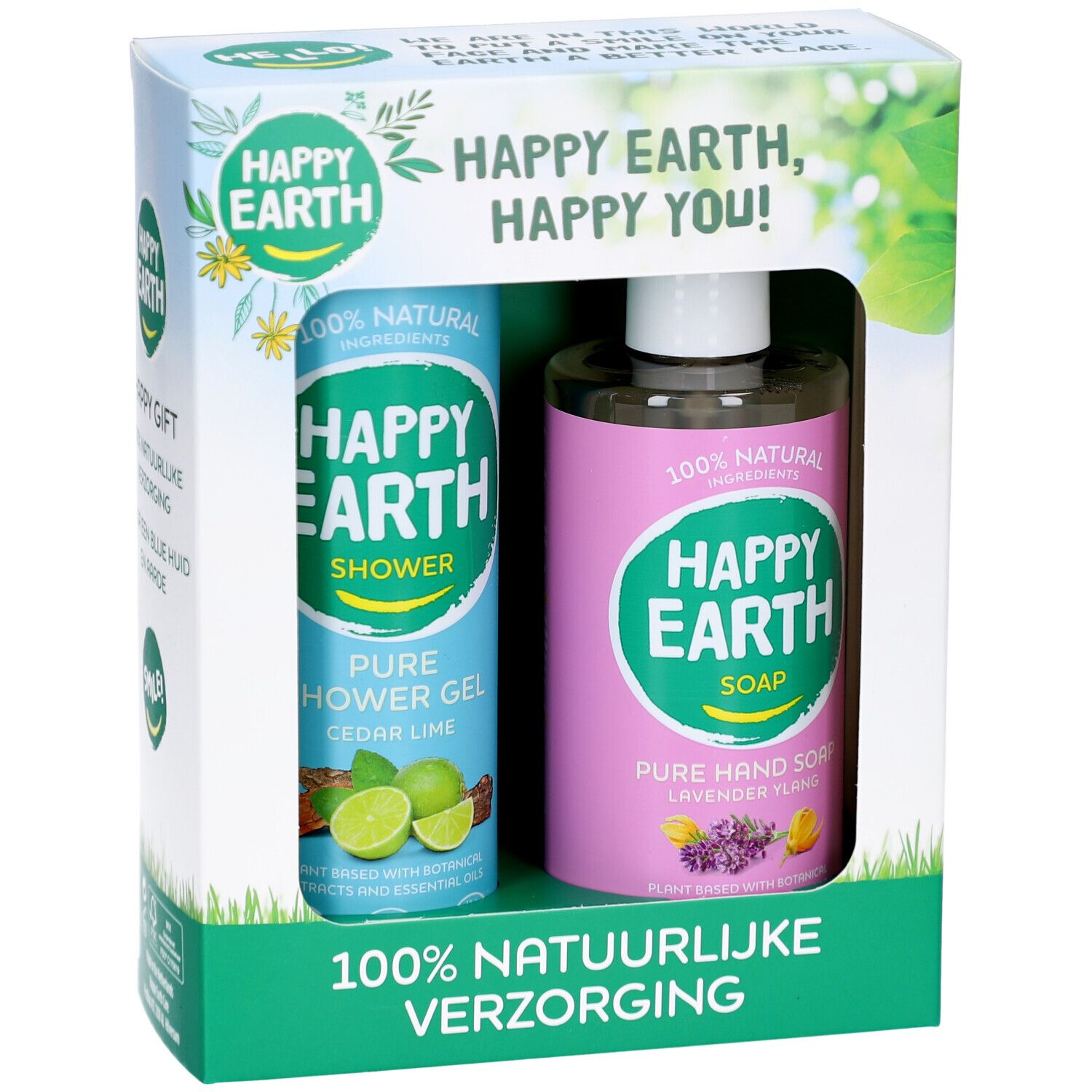 Coffret cadeau avec gel douche et savon pour les mains. Bouteilles bleues et roses dans une boîte blanche. Inscription: Happy Earth, 100% naturel.