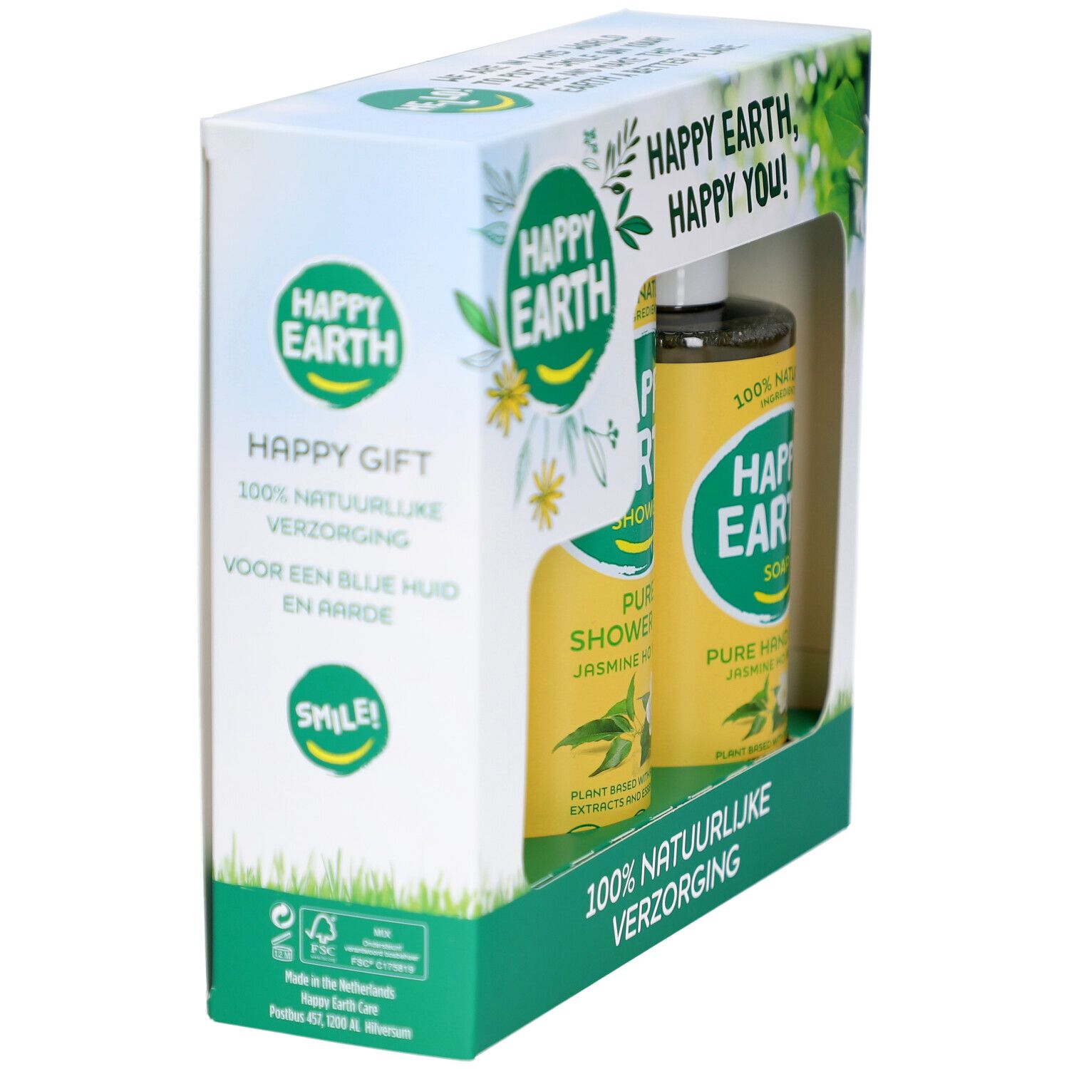 Coffret cadeau Happy Earth avec gel douche et savon pour les mains. Flacons jaunes dans emballage blanc.