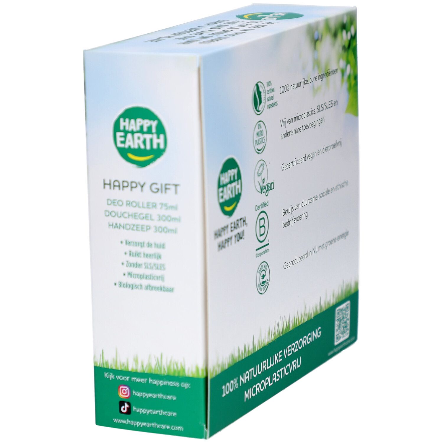 Dos du coffret cadeau avec informations produit. Label vegan, logo sans microplastiques. Marque : Happy Earth.