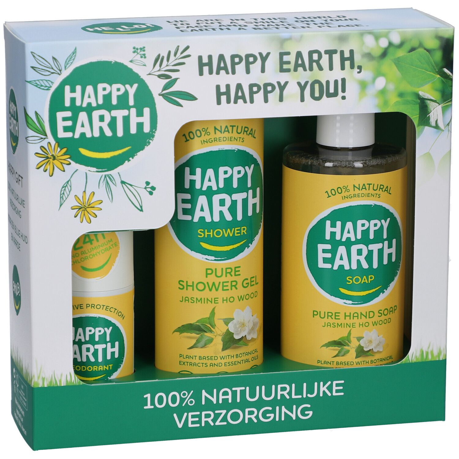 Coffret cadeau Happy Earth avec déodorant, gel douche et savon pour les mains. Emballage jaune avec éléments floraux.