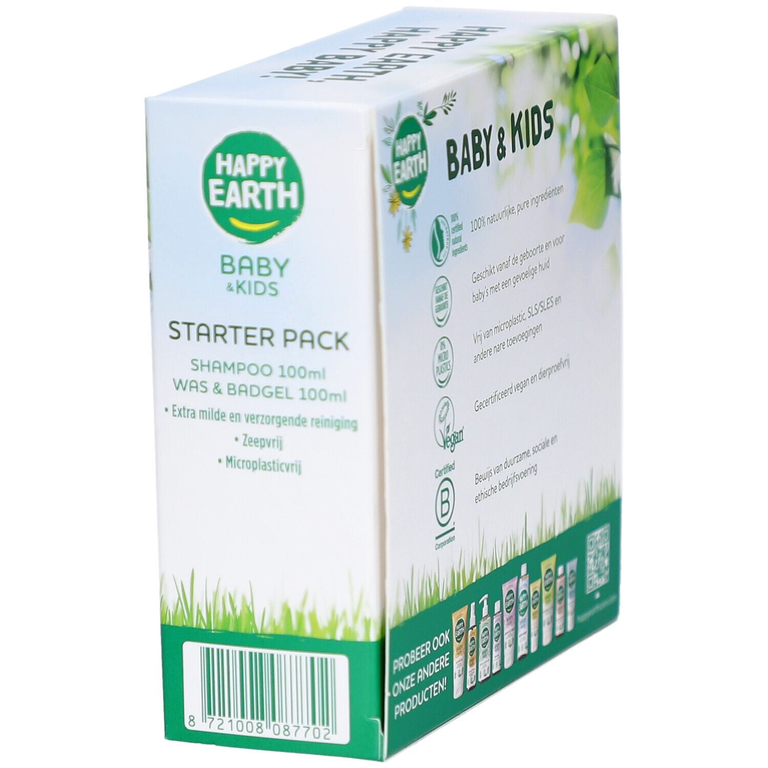 Vue latérale du coffret Happy Earth. Contient shampooing et gel lavant. Texte et logos.