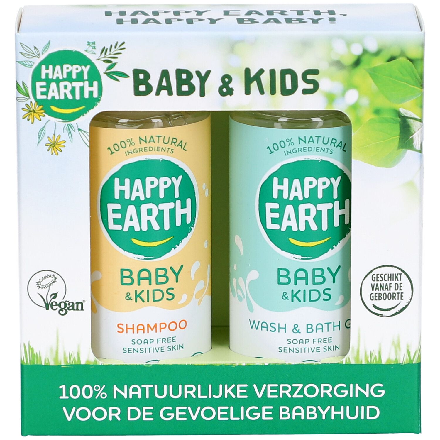 Coffret cadeau Happy Earth pour bébés et enfants. Contient un shampooing et un gel lavant, avec logo.