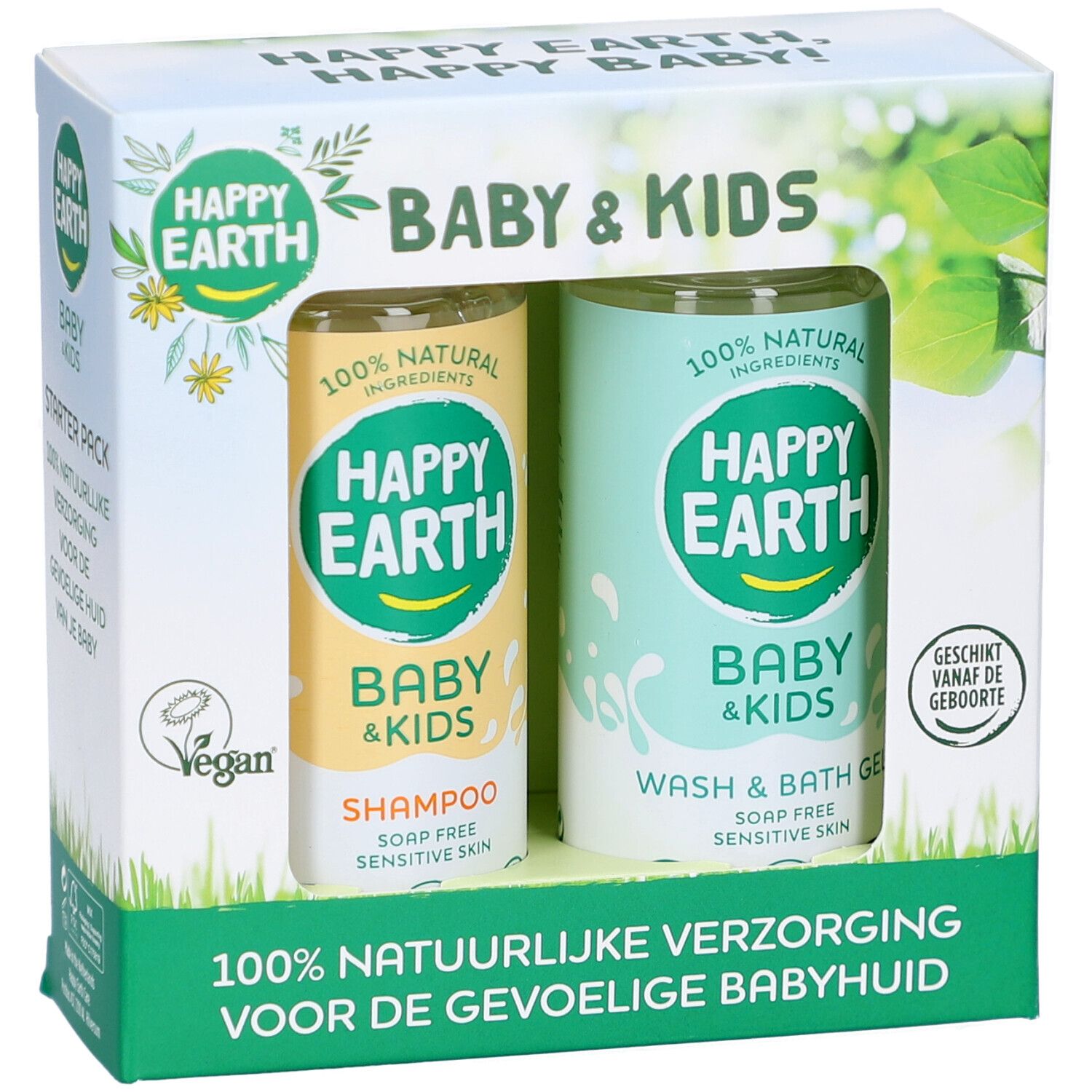 Coffret cadeau Happy Earth pour bébés et enfants. Contient un shampooing et un gel lavant, avec logo.