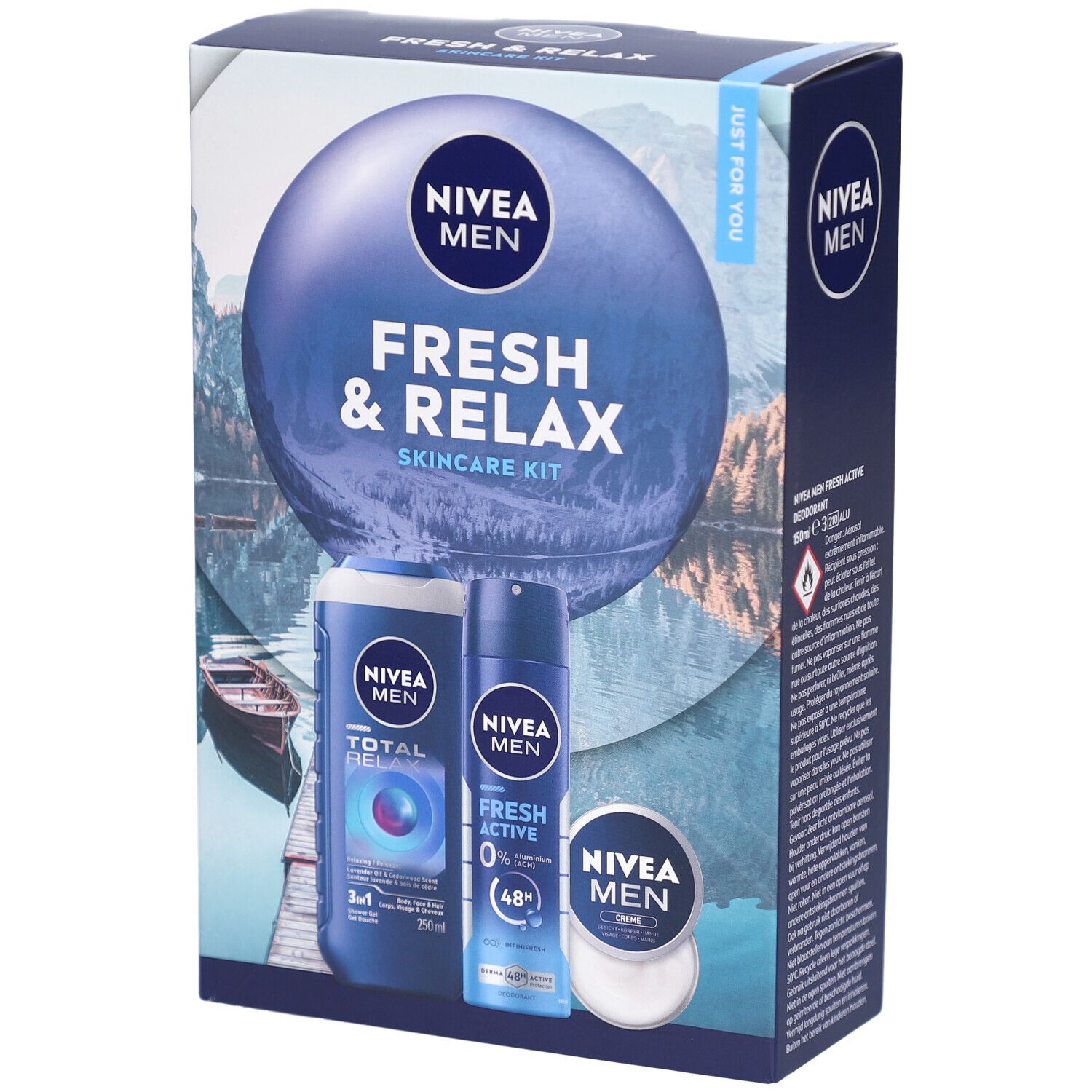 Coffret de soins NIVEA MEN Fresh & Relax. Boîte avec gel douche, déodorant et crème. Emballage bleu avec images des produits.