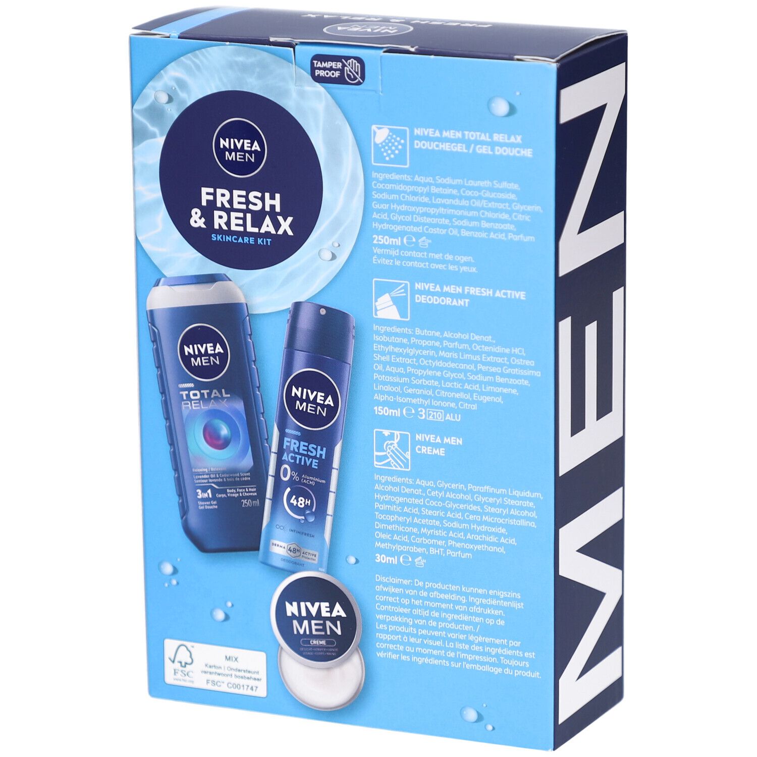 Dos du coffret de soins NIVEA MEN Fresh & Relax. Informations sur les produits et ingrédients sur fond bleu.