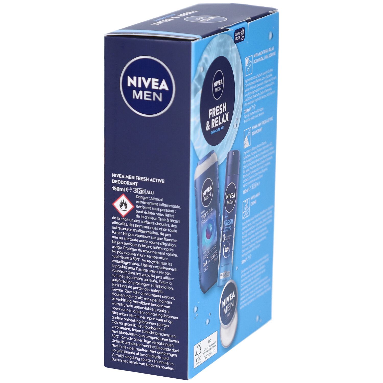 Coffret de soins NIVEA MEN Fresh & Relax. Boîte en vue oblique. Images des produits et avertissements.