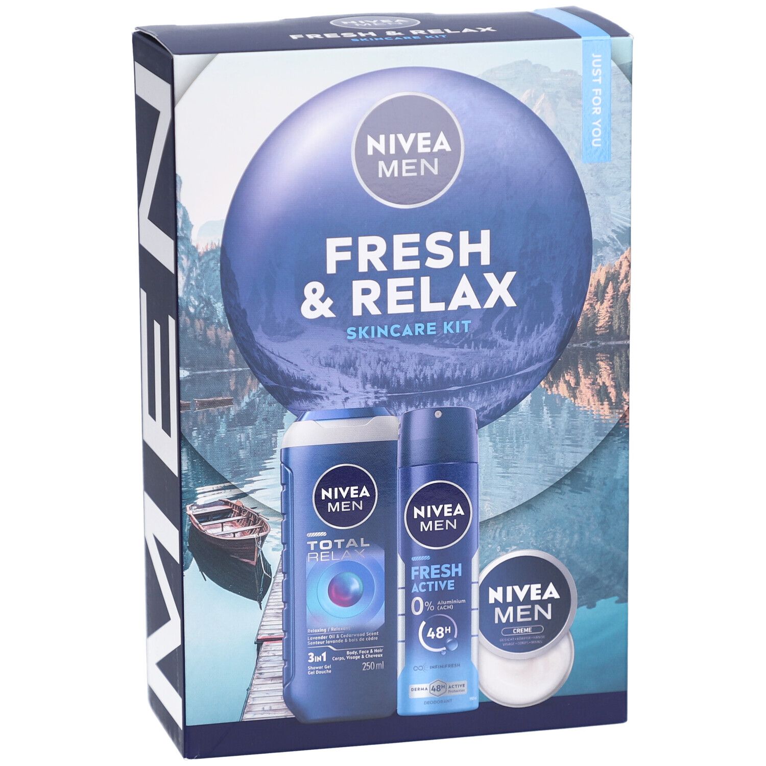 Coffret de soins NIVEA MEN Fresh & Relax. Boîte avec gel douche, déodorant et crème. Emballage bleu avec images.