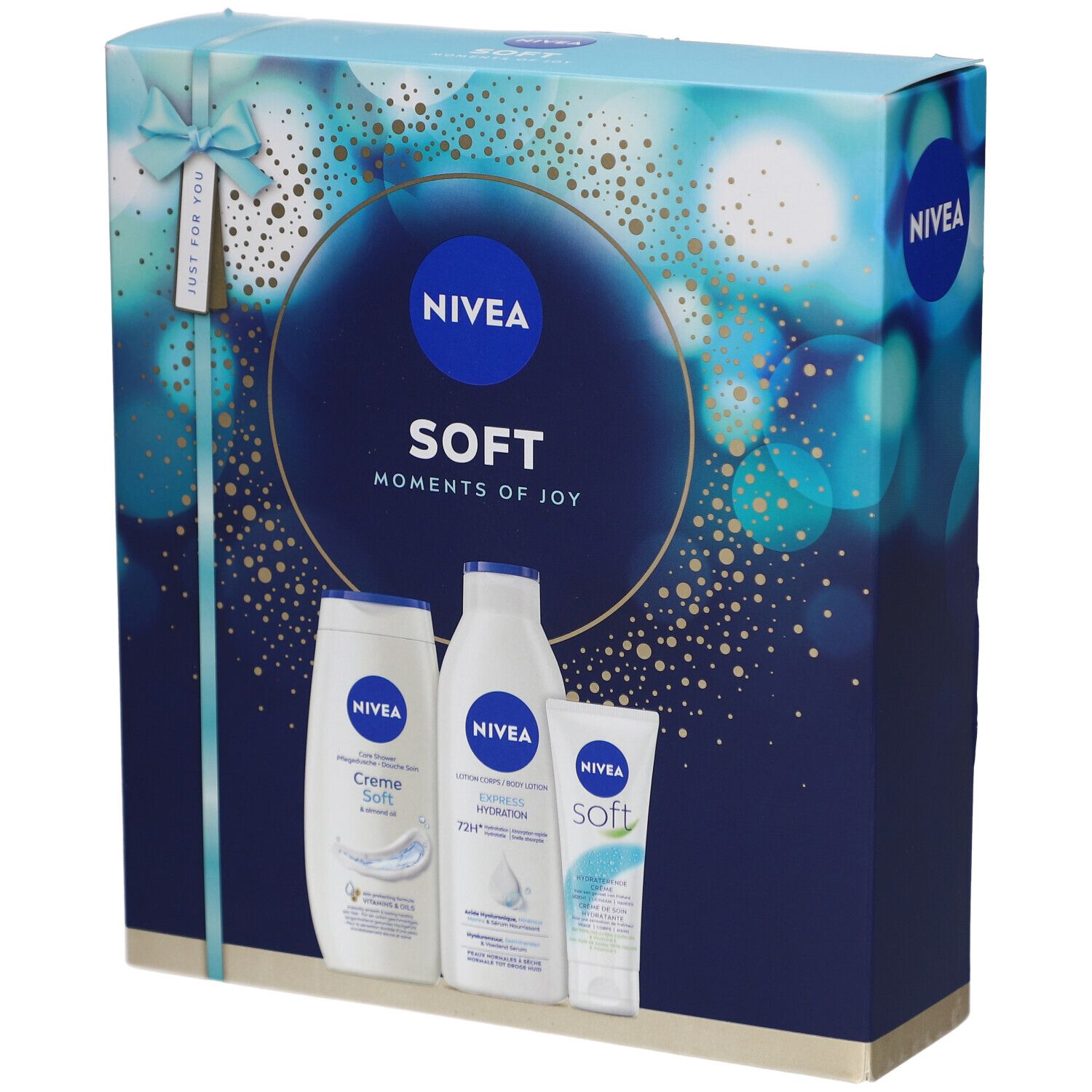 Coffret cadeau NIVEA avec trois produits. Emballage bleu avec ruban et images de produits. Inscription : SOFT Moments of Joy.