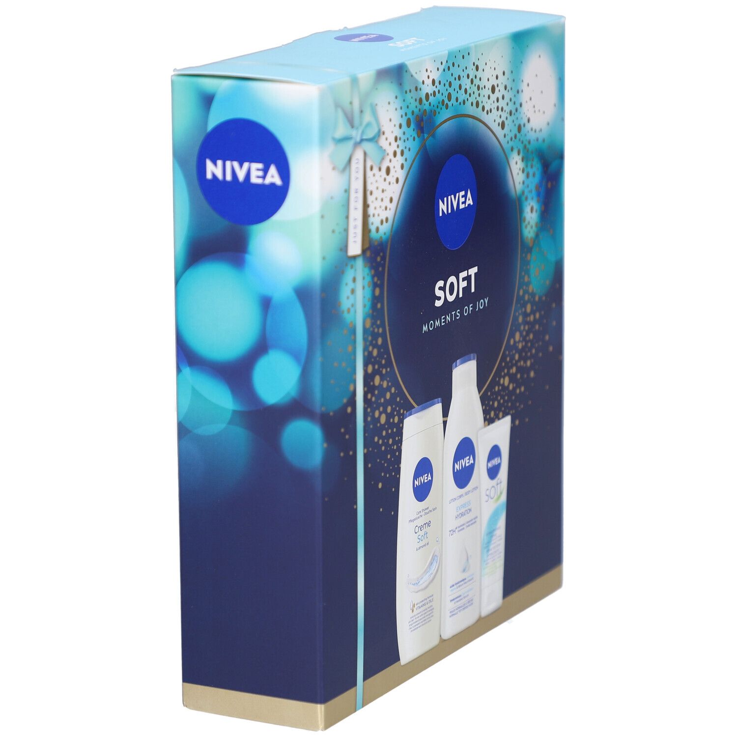 Coffret cadeau NIVEA, emballage bleu avec ruban. Vue latérale avec images de produits. Inscription : SOFT Moments of Joy.