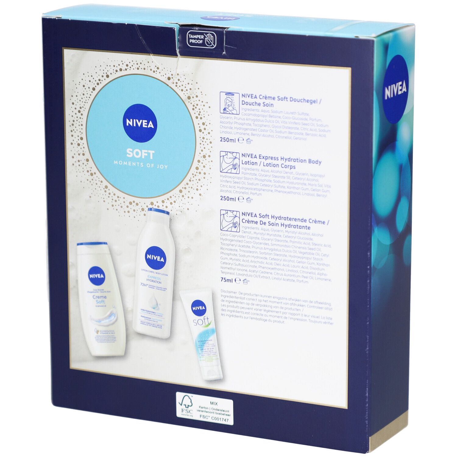 Dos du coffret cadeau avec informations sur les produits. Produits NIVEA illustrés. Texte en allemand, français, italien. Logo FSC.