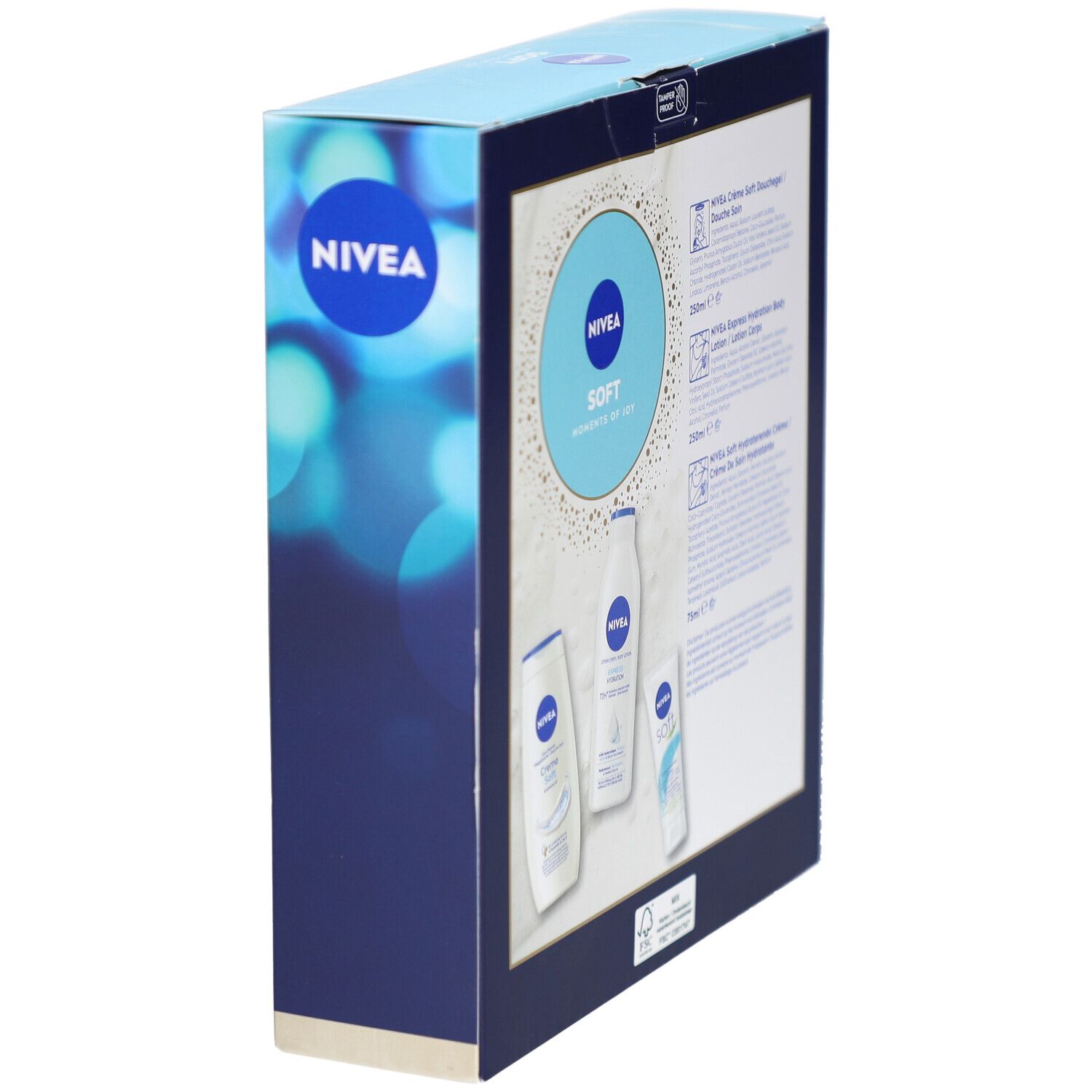 Coffret cadeau NIVEA, dos. Images de produits et texte. Emballage bleu. Sceau : inviolable.