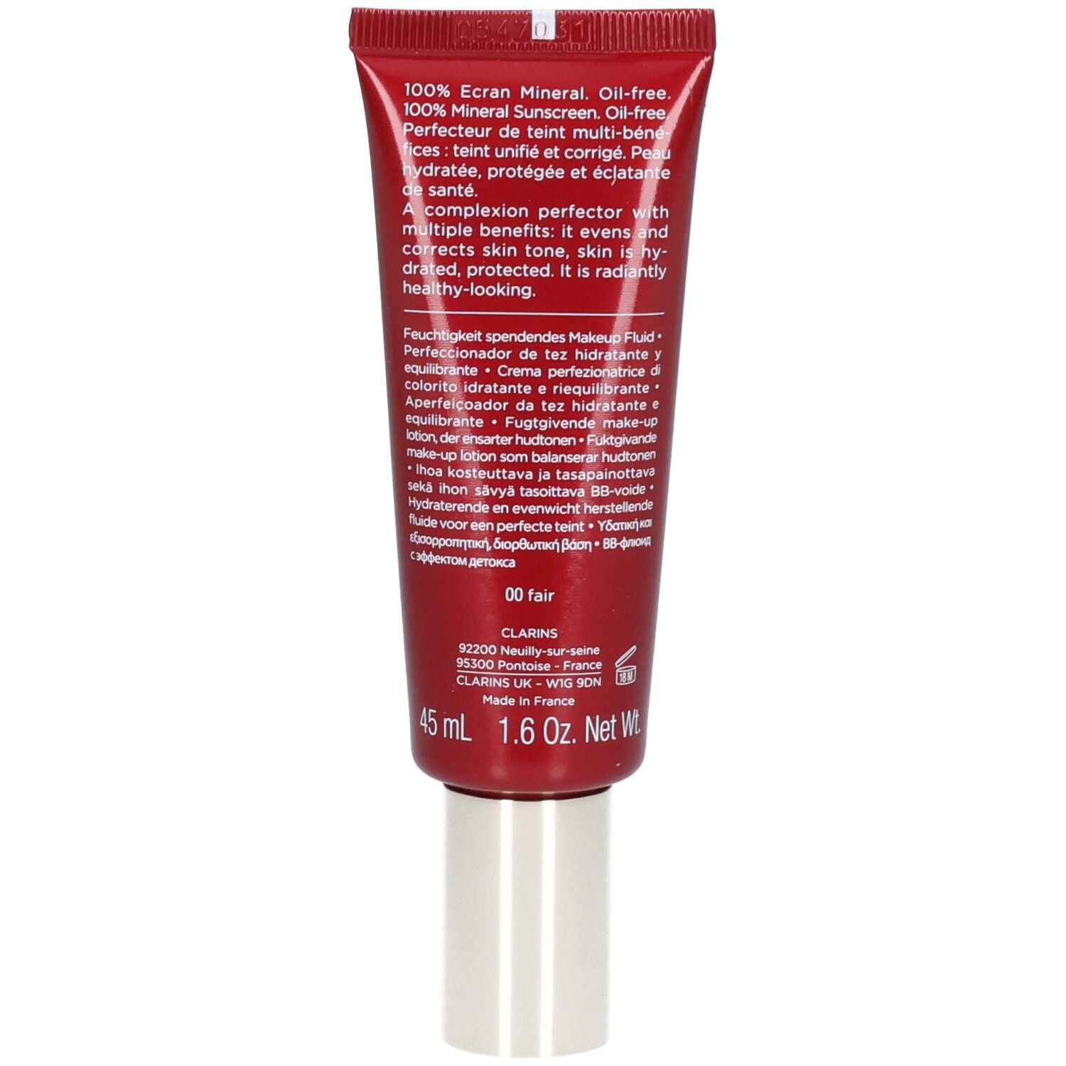 Dos du tube Clarins BB Skin Detox Fluid SPF 25 avec informations produit et 45 ml.