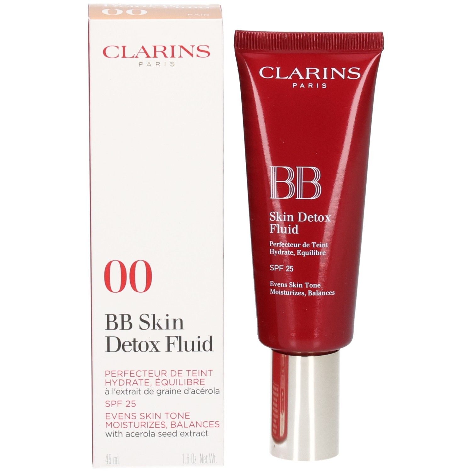 Clarins BB Skin Detox Fluid SPF 25, 00 Fair, avec emballage. Tube rouge et boîte blanche.