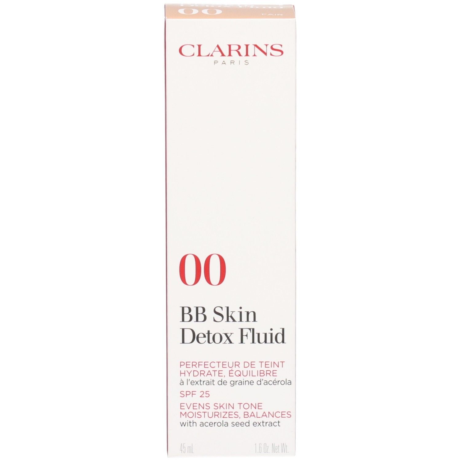 Emballage du Clarins BB Skin Detox Fluid SPF 25, 00 Fair, avec informations produit.