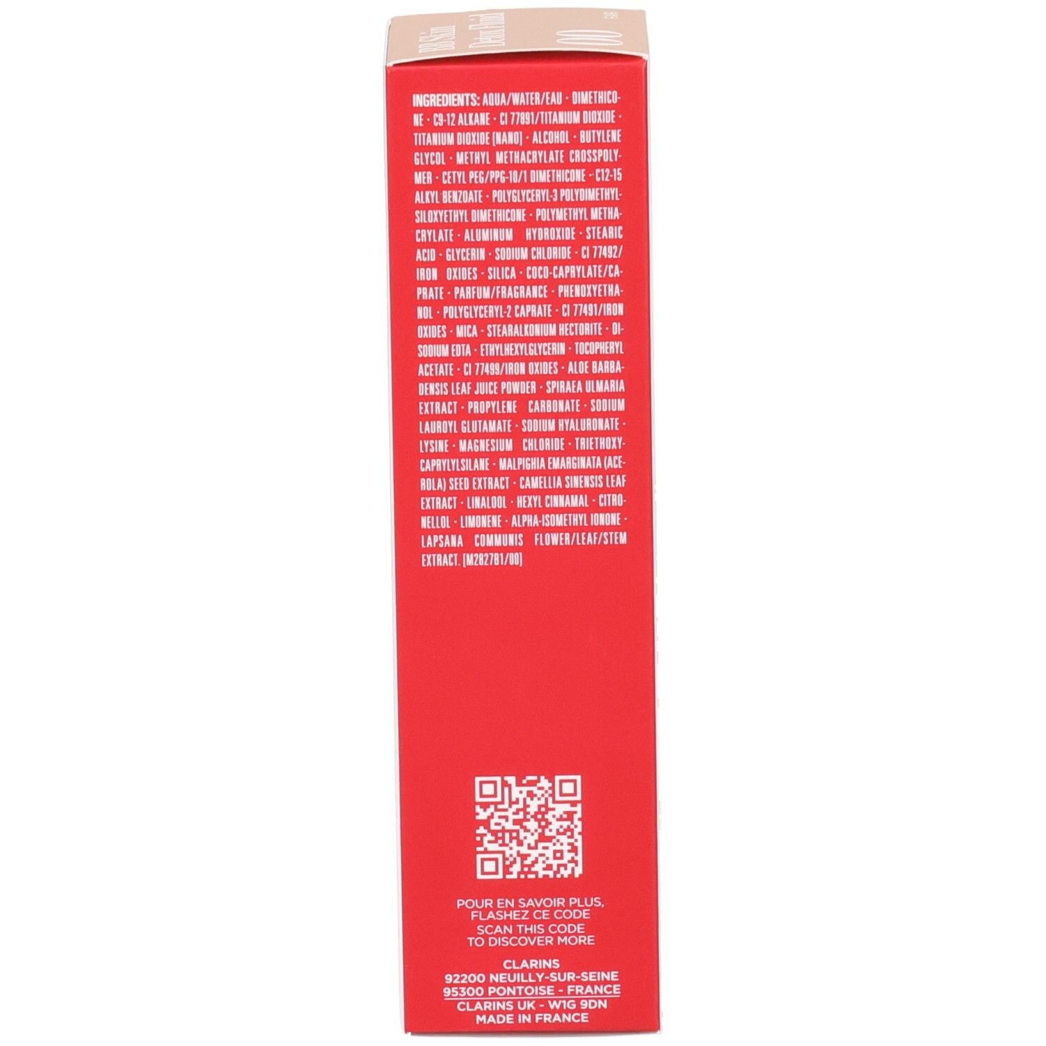 Côté de la boîte Clarins BB Skin Detox Fluid SPF 25 avec ingrédients et code QR.