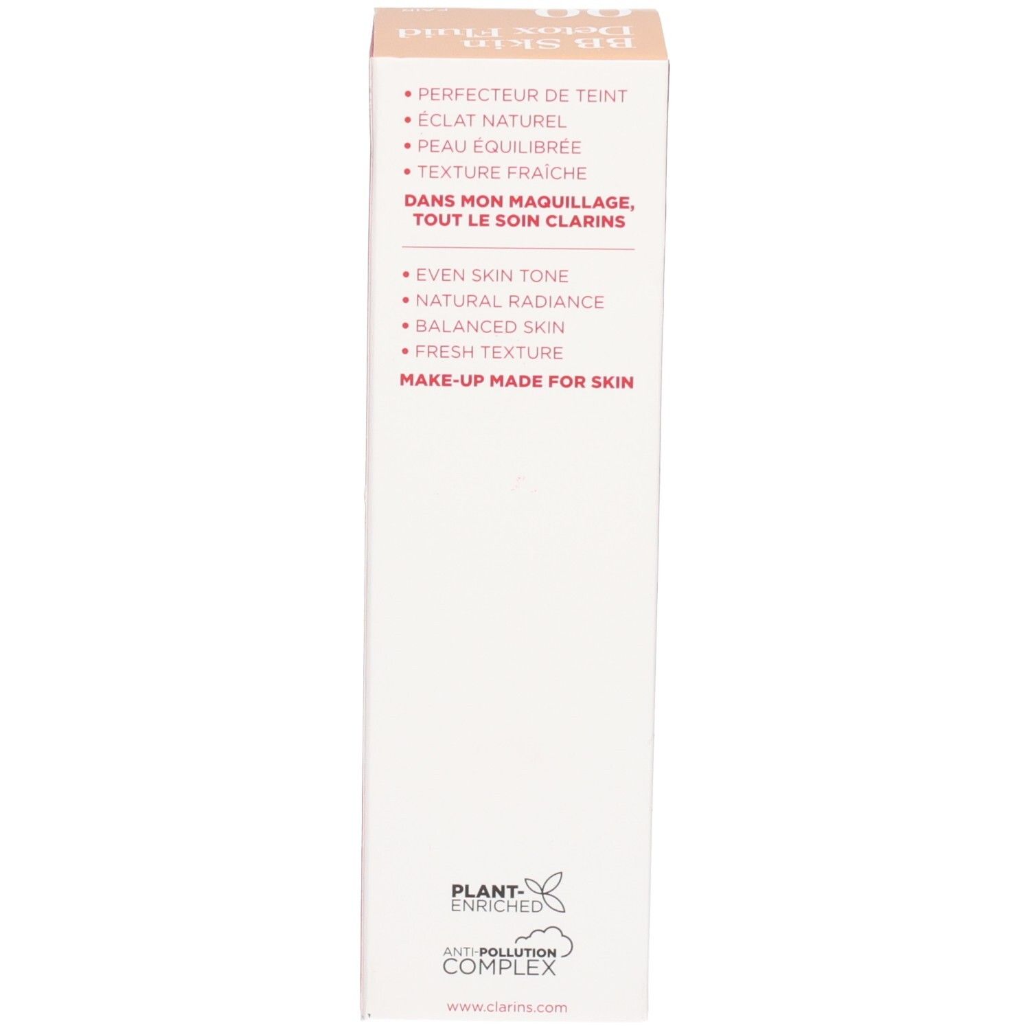 Côté de la boîte Clarins BB Skin Detox Fluid SPF 25 avec avantages produit et logo.