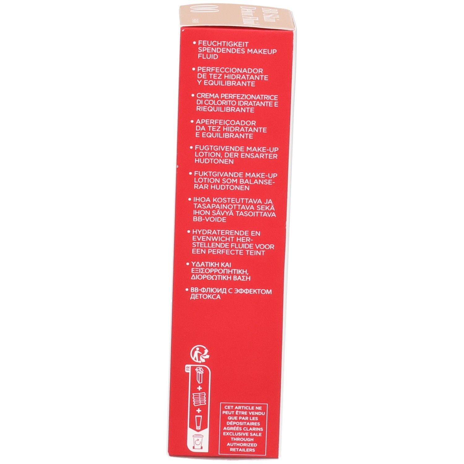 Côté de la boîte Clarins BB Skin Detox Fluid SPF 25 avec descriptions produit multilingues.
