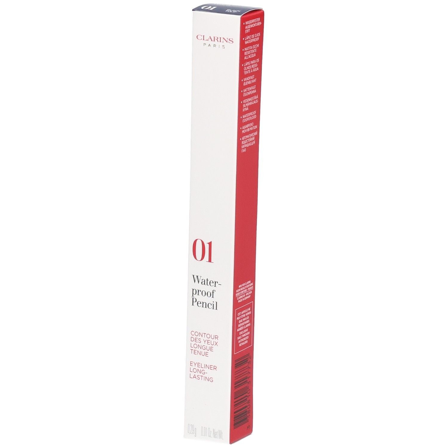 Crayon Yeux Waterproof Clarins 01, Tulipe Noire. Emballage rouge et blanc avec informations produit.