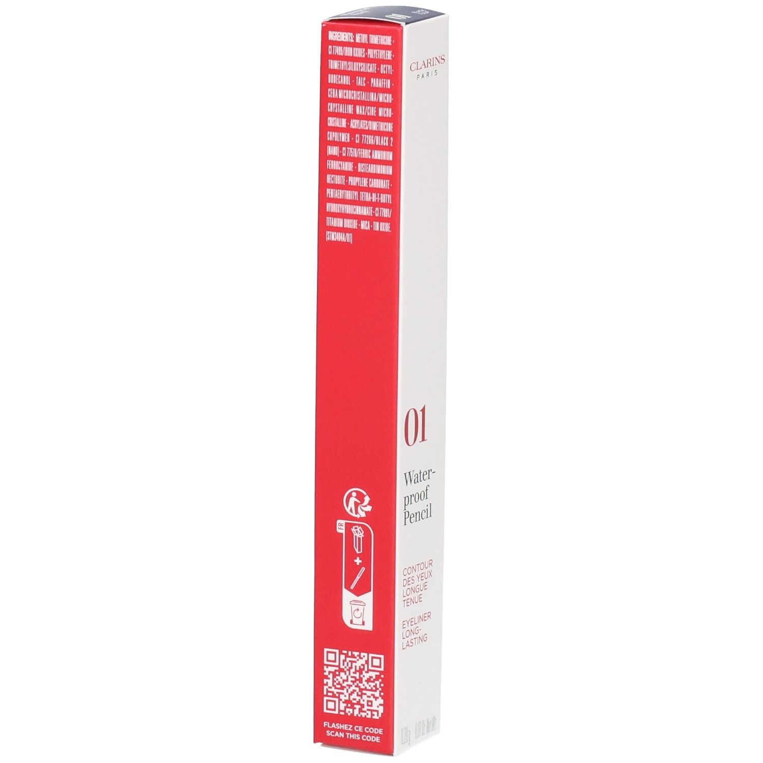 Crayon Yeux Waterproof Clarins 01, Tulipe Noire. Emballage rouge et blanc avec informations produit et QR code.