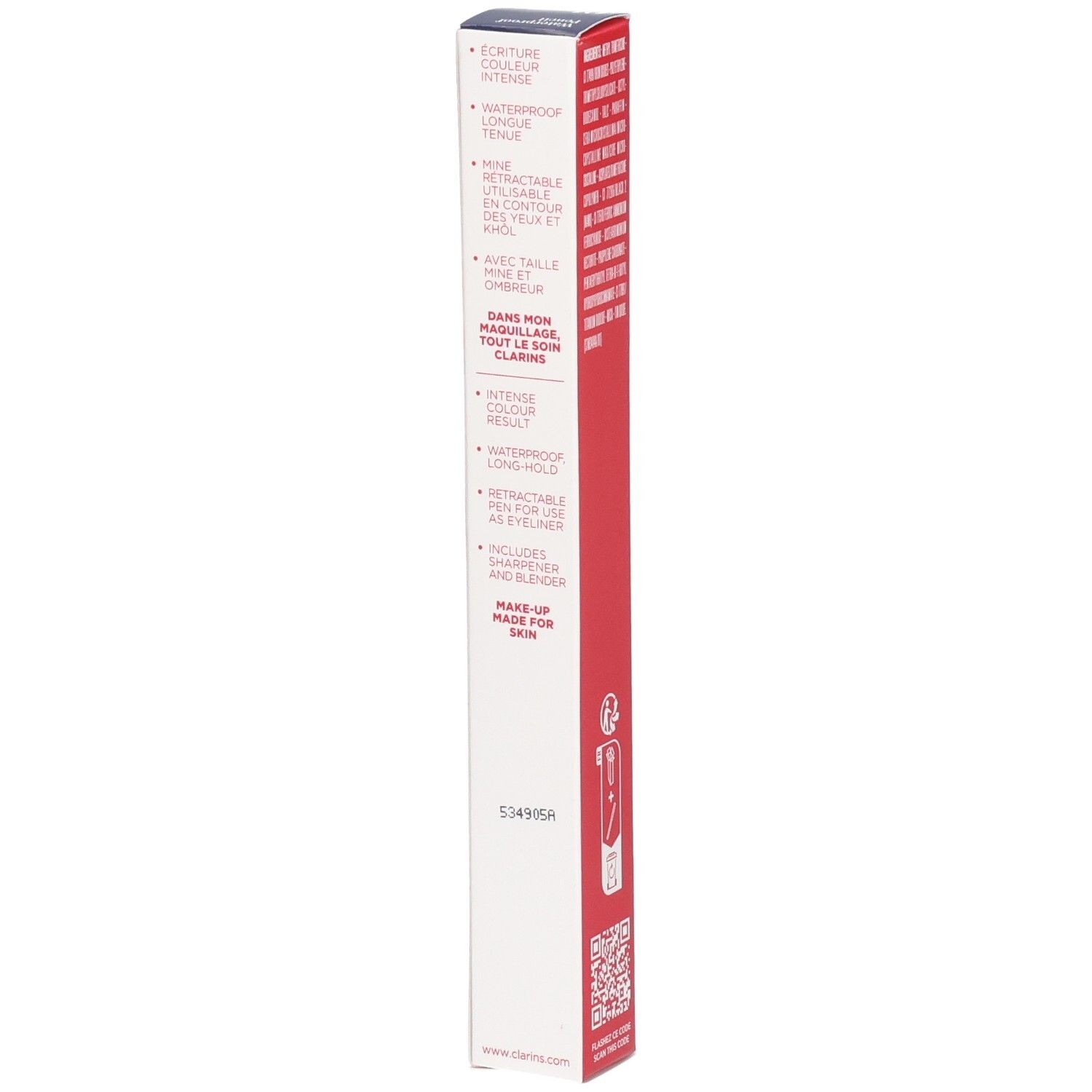 Crayon Yeux Waterproof Clarins 01, Tulipe Noire. Emballage rouge et blanc avec caractéristiques produit et code-barres.