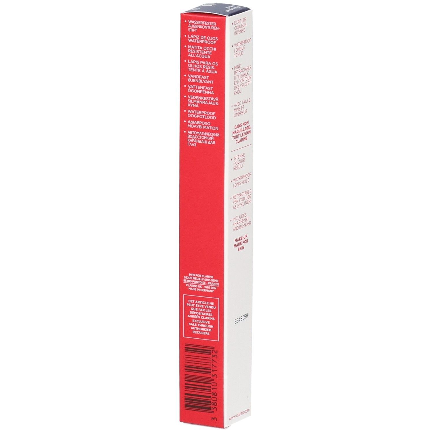 Crayon Yeux Waterproof Clarins 01, Tulipe Noire. Emballage rouge et blanc avec informations produit multilingues.