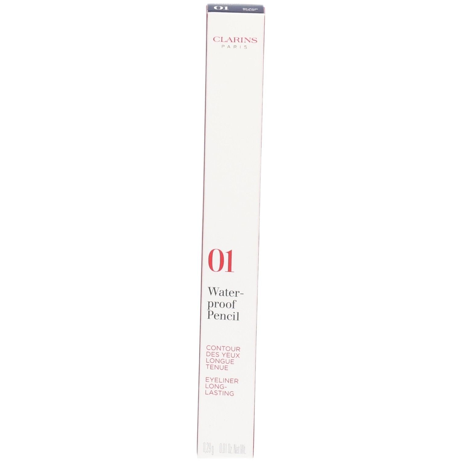 Crayon Yeux Waterproof Clarins 01, Tulipe Noire. Emballage rouge et blanc avec informations produit.