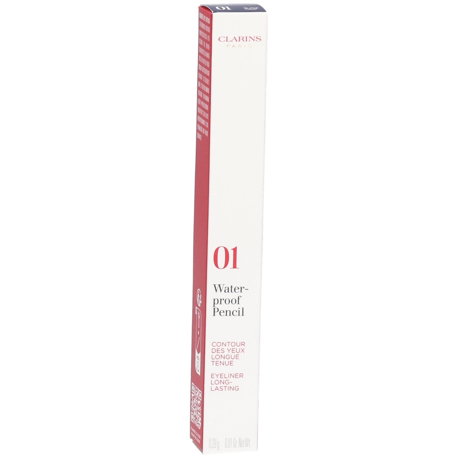 Crayon Yeux Waterproof Clarins 01, Tulipe Noire. Emballage rouge et blanc avec informations produit et QR code.