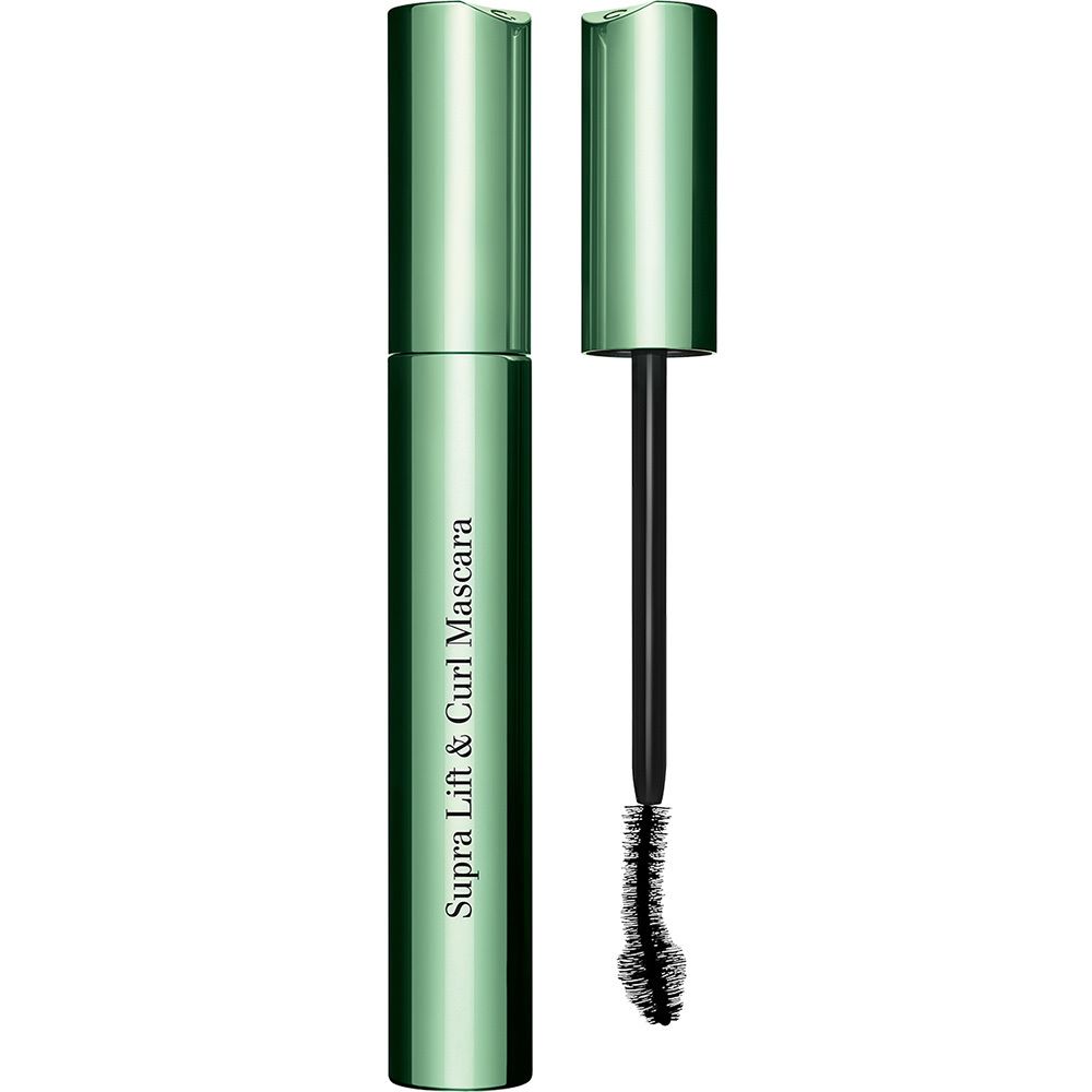 Mascara Clarins Supra Lift & Curl dans son flacon vert brillant, capuchon ouvert et applicateur brosse.