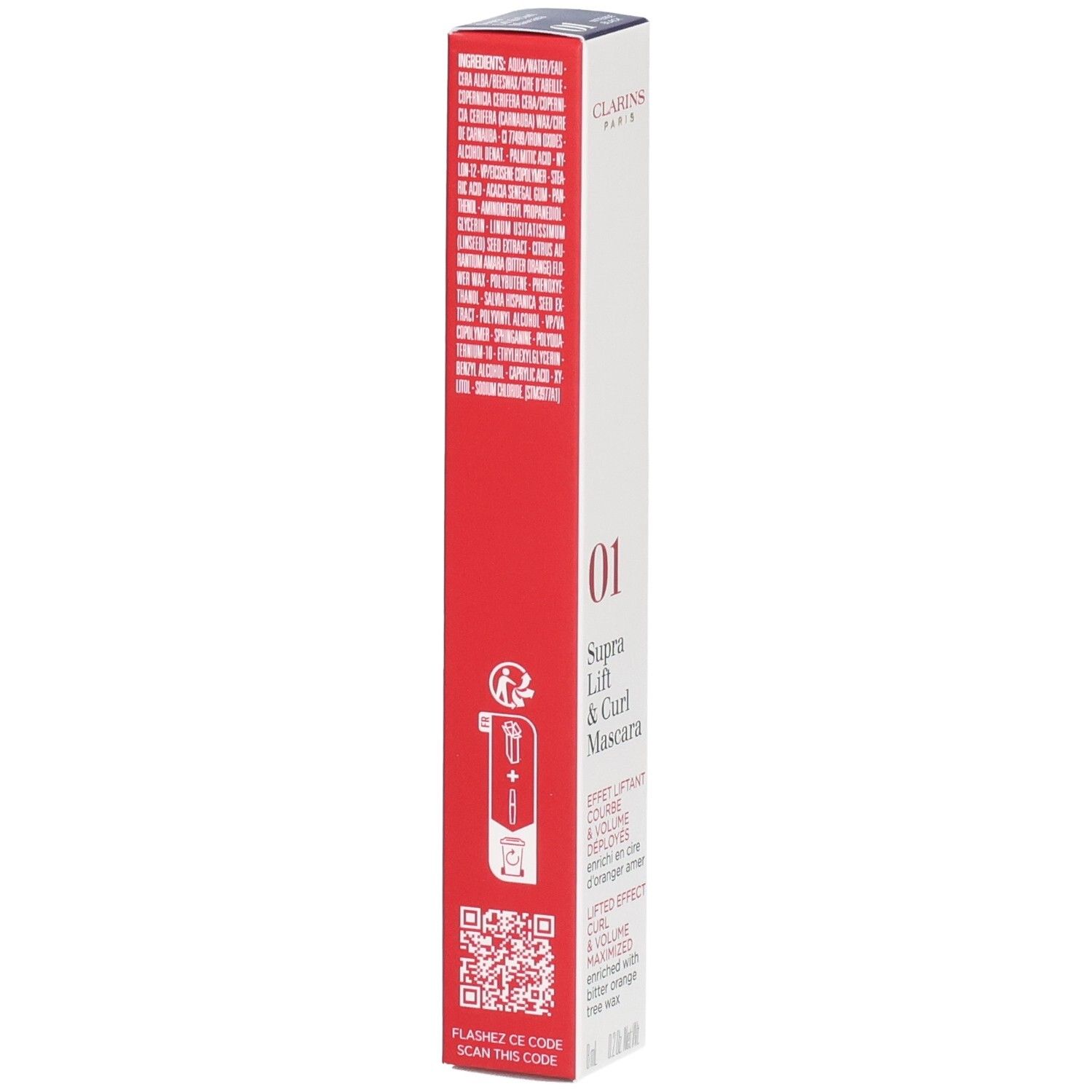 Emballage du mascara Clarins Supra Lift & Curl, verso avec ingrédients, QR code et instructions d'utilisation.