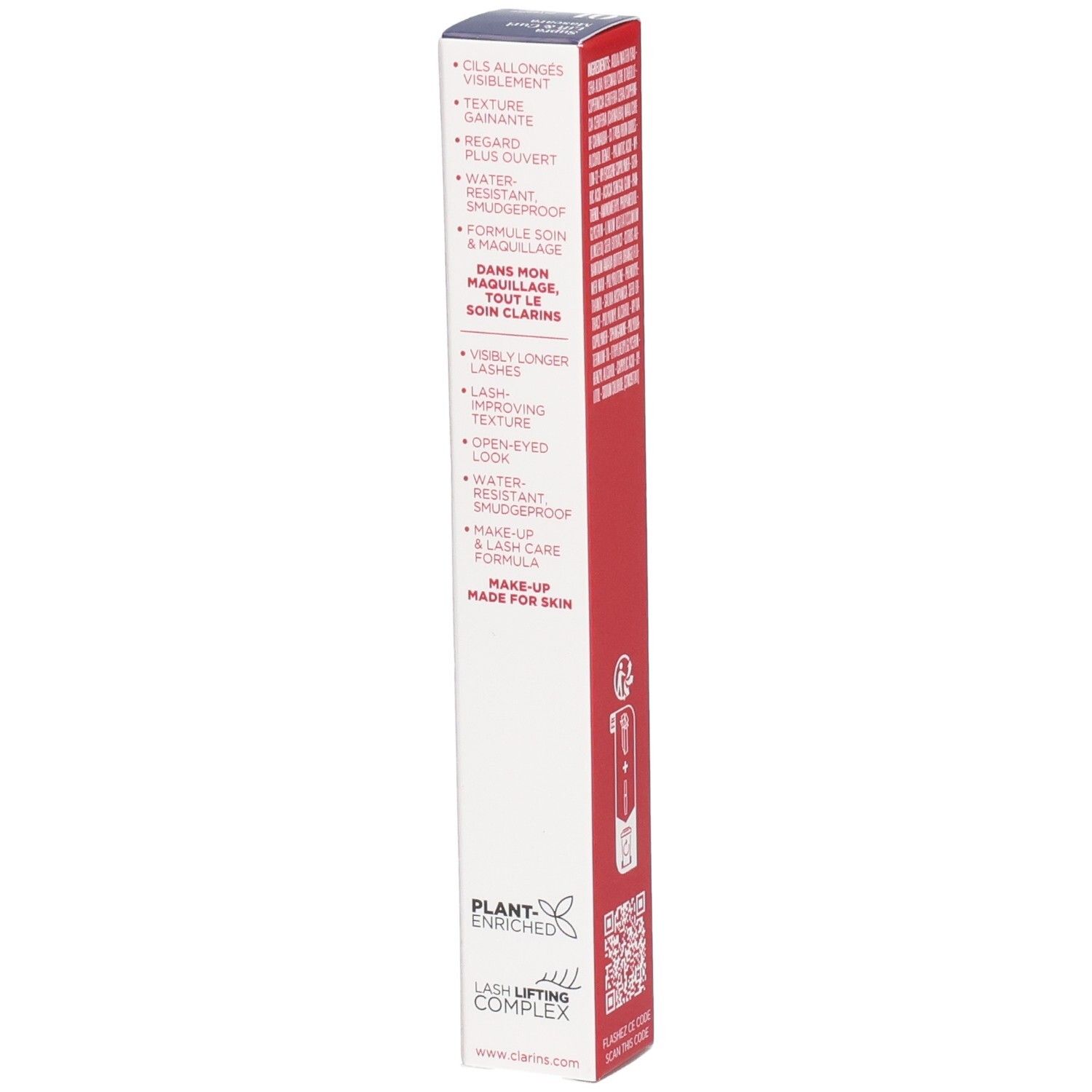 Emballage du mascara Clarins Supra Lift & Curl, côté avec avantages produit tels que lifting des cils et waterproof.